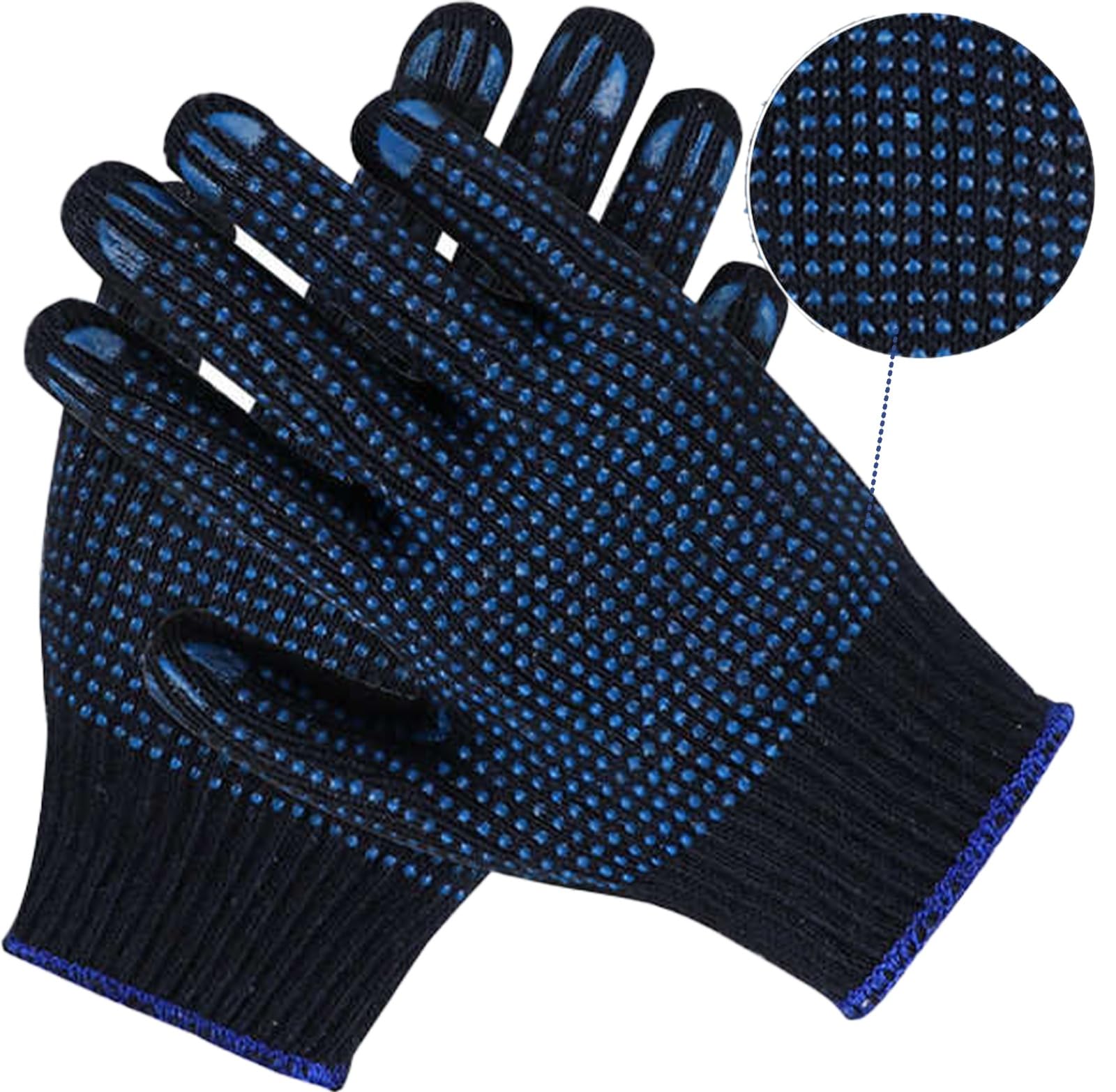 A406 12 Pairs Blue Cotton Protective Work Gloves Non Slip Polka Dotted Nylon PVC Dotted Grip Gloves for Factory Garden Working Warehouse Use (X-Large-10)