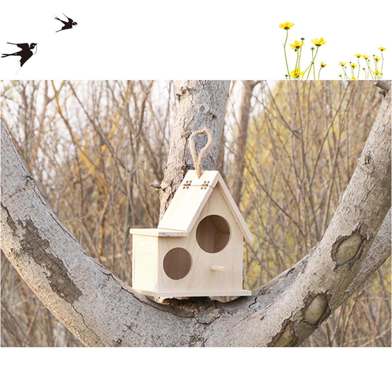 Casa para pájaros, Nido de pájaro de Madera Maciza con Cuerda de cáñamo, se Puede Colgar en Las Ramas del jardín, Caja Nido para pájaros para Mascotas, aviario, 21X14X24cm