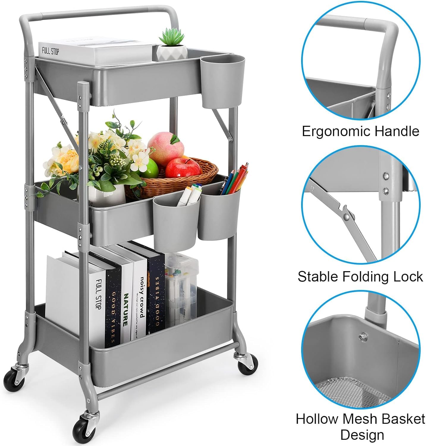 Shrivee Carrello da cucina a 3 livelli, carrello da servizio, pieghevole, in metallo, scaffale, organizer da cucina, carrello pieghevole multiuso per cucina, bagno, ufficio (grigio)