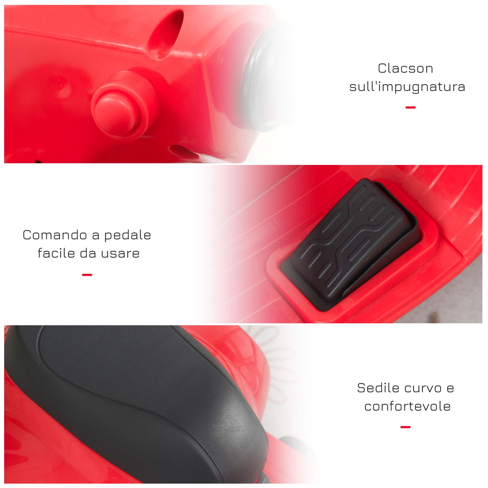 HOMCOM Moto Elettrica per Bambini 6V con Licenza Ufficiale Vespa Batteria, Motorino Elettrico per Bambini da 18-36 Mesi con Fari e Clacson, 66.5x38x52cm, Rosso
