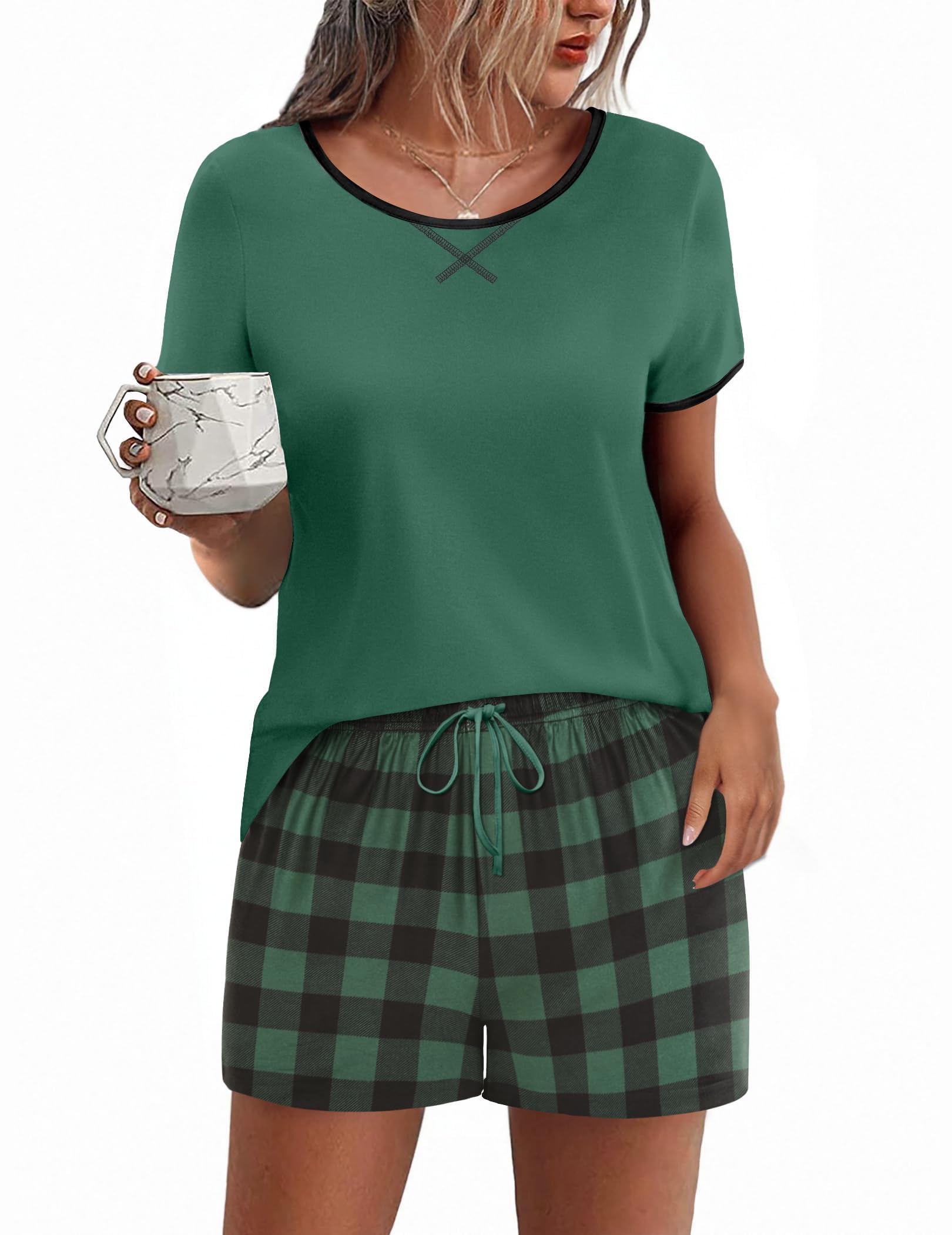 Ekouaer Women's Pyjamas, Short Pyjamas, Short Sleeve Sleepwear Set, Women's Two-Piece Pyjama Sets, Pyjama Bottoms, Checked Pyjamas, Sleepwear