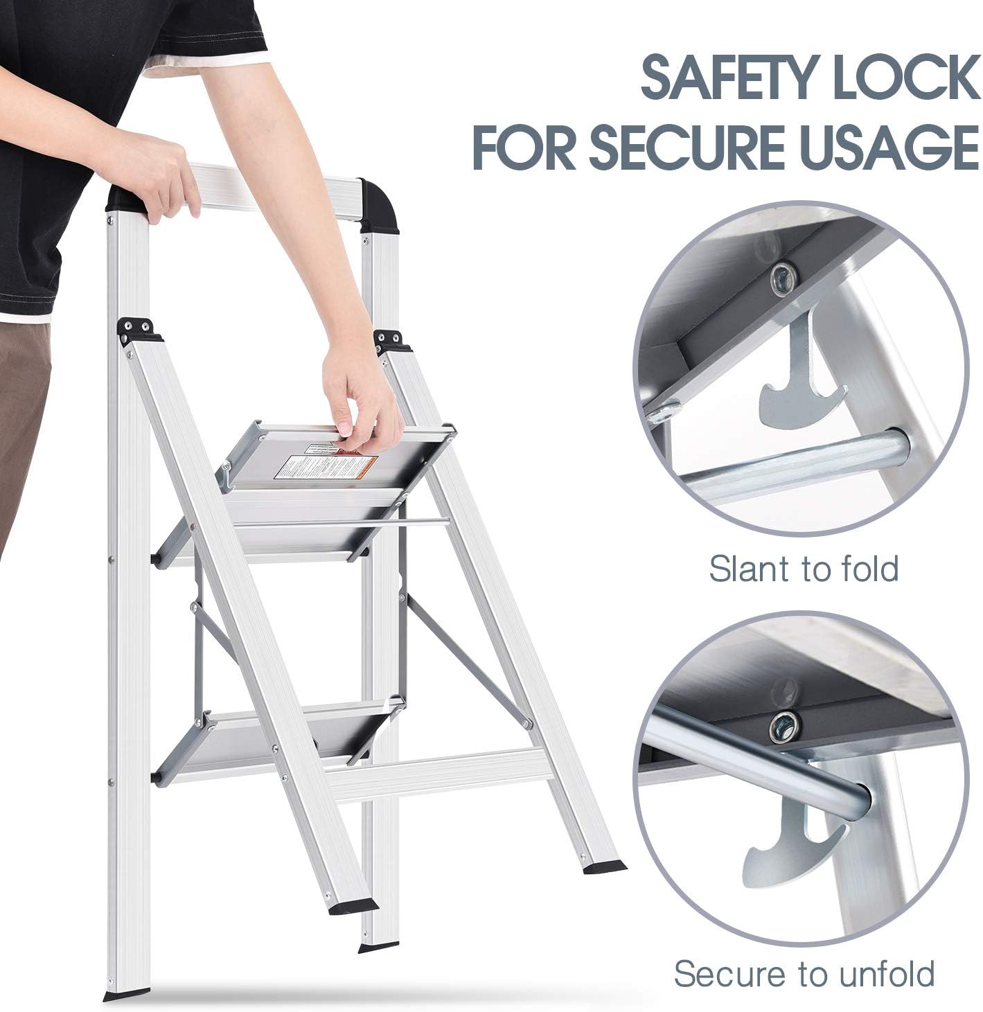 KINGRACK Aluminum 2 Step Ladder, Lightweight Step Stool with Non-Slip Pedals, Handrail, 330 LBS Foldable Step Ladder for Kitchen, Garage, Home, Space Saving, Sturdy and Portable, Silver - Image 6