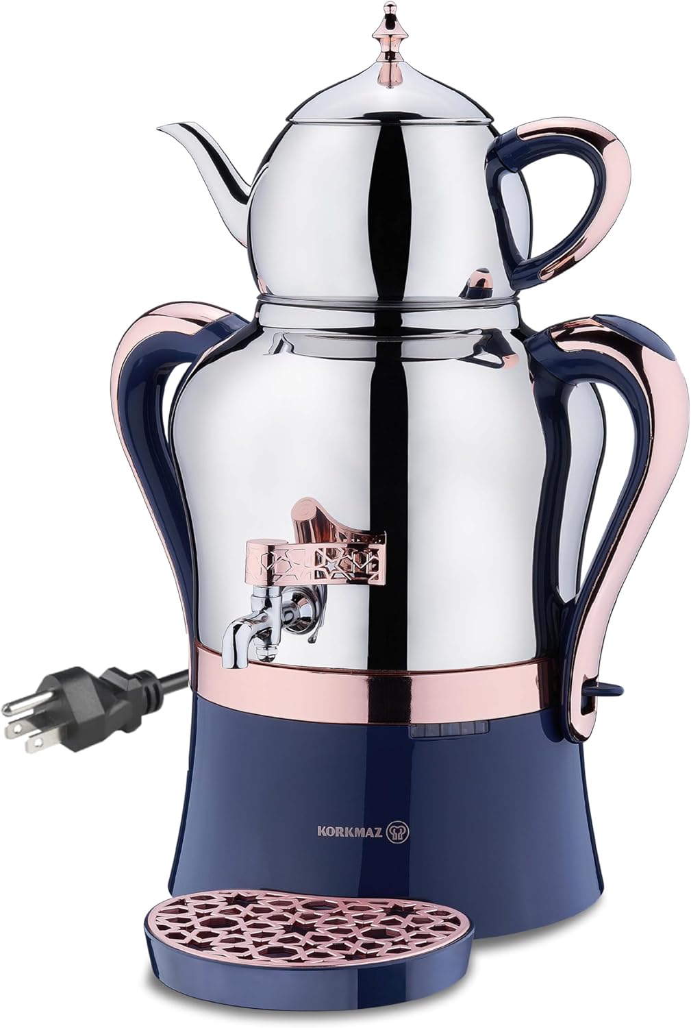 Hakan Korkmaz Tea Maker Set | Stainless Steel Samovar, Electric Teapot Set for Gift, Housewarming, Family Gathering | Inox-Rose Gold, 110 US Volts Inox - Rose Gold