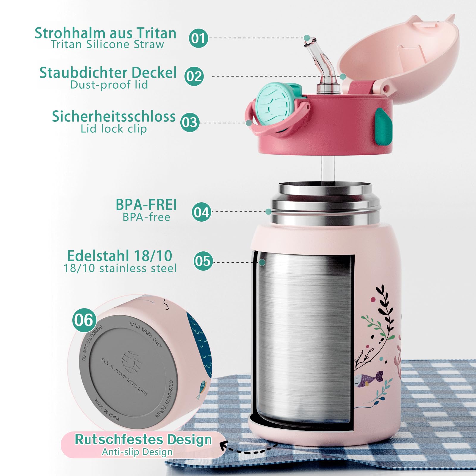 Fjbottle Botella de Agua Acero Inoxidable para Niños 400ml + Funda, Sin Fugas/Sin bpa Botella termica con Pajita para la Escuela y Deportes