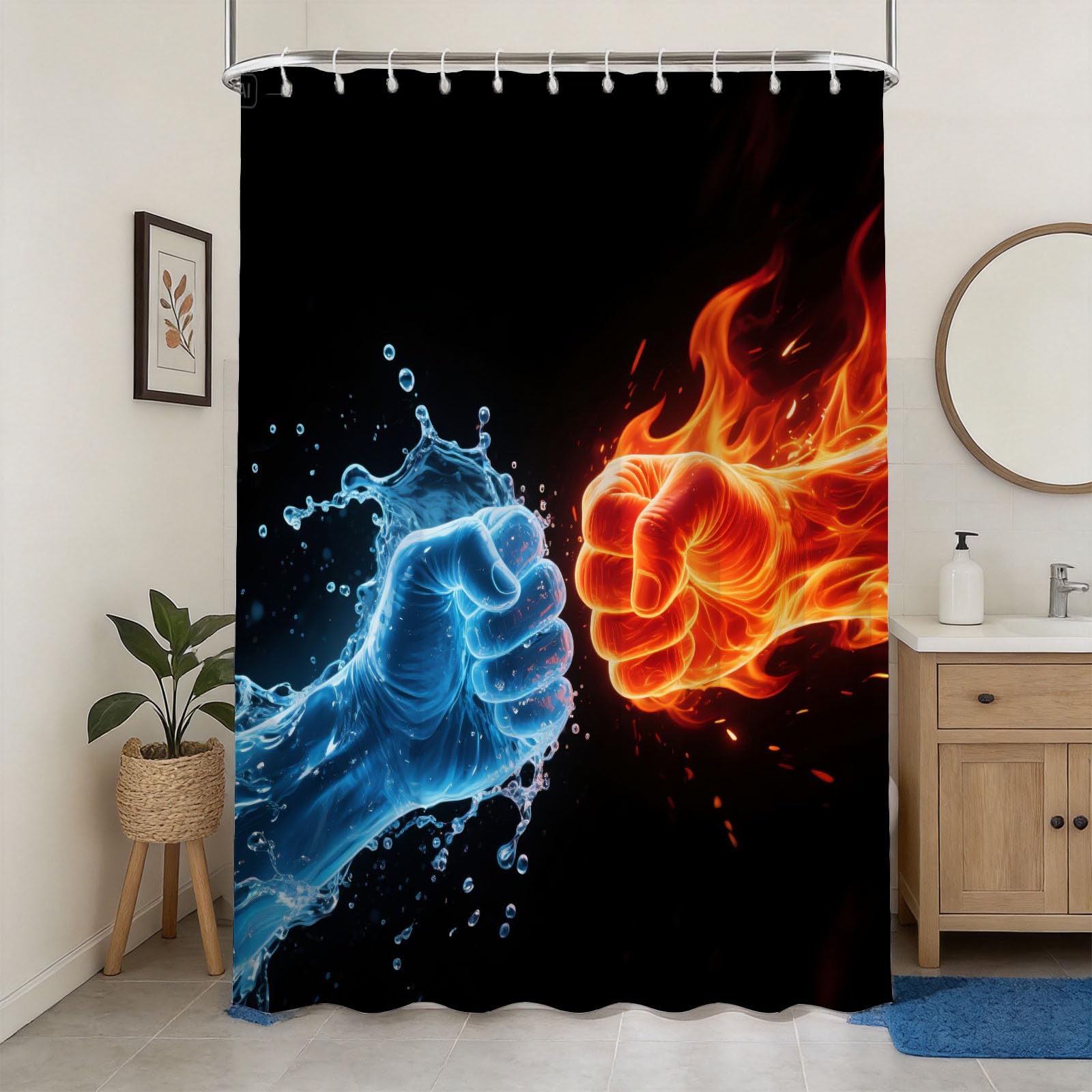 Hongduo 3D Fire Water Fist Shower Curtain for Stalls Bathtubs Abstract Bathroom Decor Shower Curtain Set Polyester Fabric Waterproof 180x180cm/71X71 Inch with Hooks