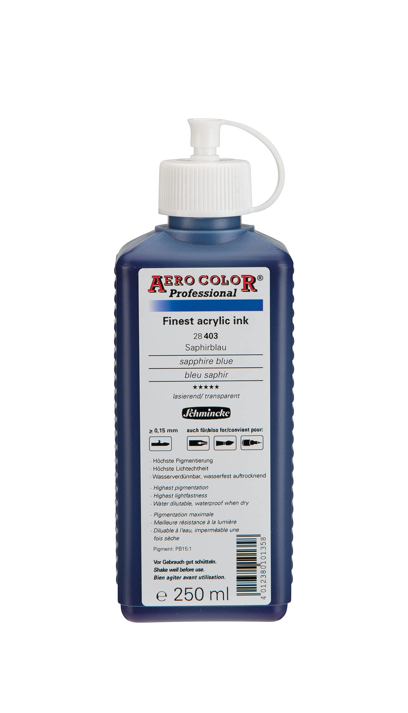 Schmincke - AERO COLOR® Professional, Sapphire blue 250 ml, 28403027, highly liquid, highly brilliant acrylic colour for acrylic painting, airbrush, mixed media, acrylic ink