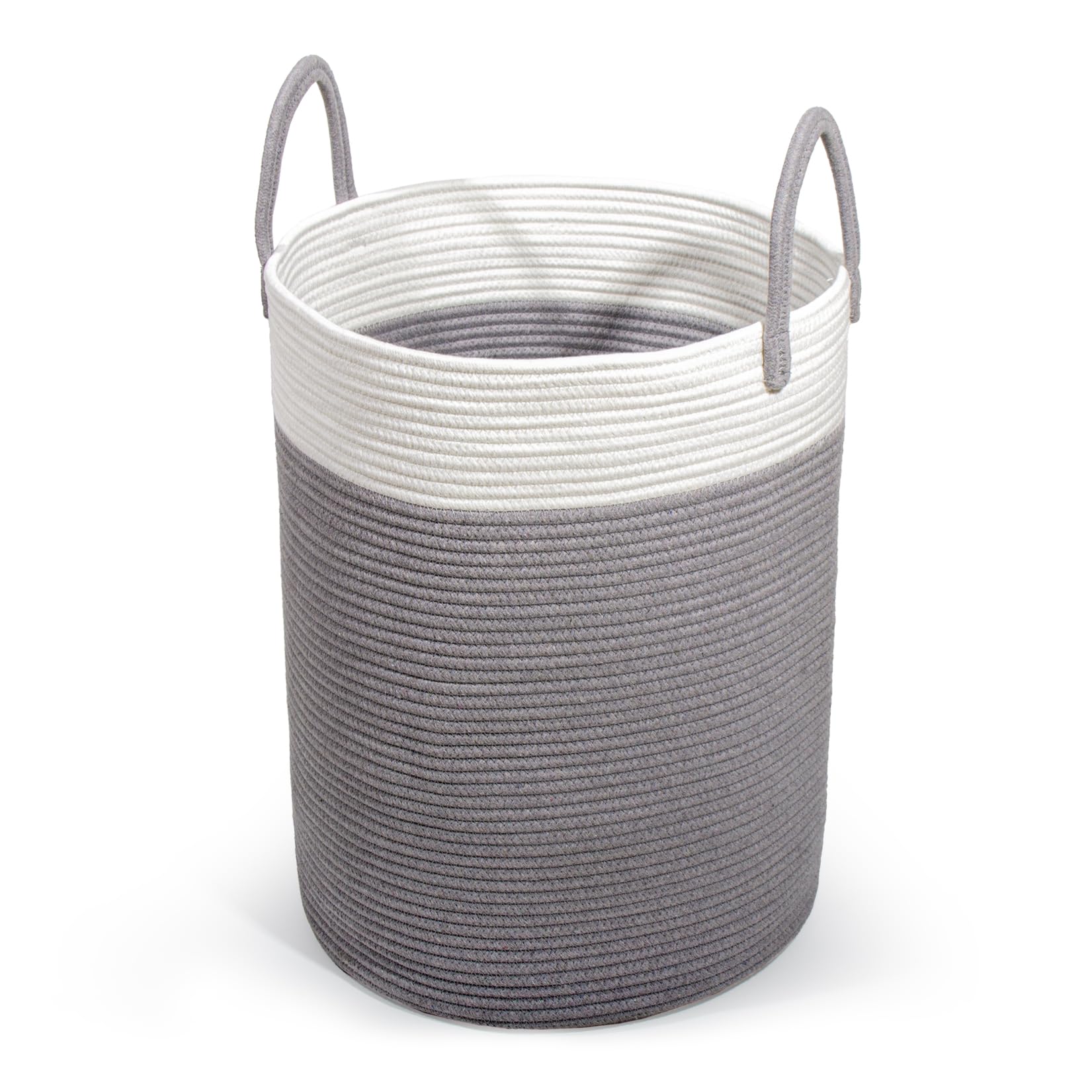 SYLANDO Wäschekorb mit Henkel, Spielzeug Aufbewahrung, Aufbewahrungsbox Geflochten, Wäschesammler Groß, Aufbewahrungskorb Kinderzimmer (Grau&Weiß, D 38 x H 50 cm)