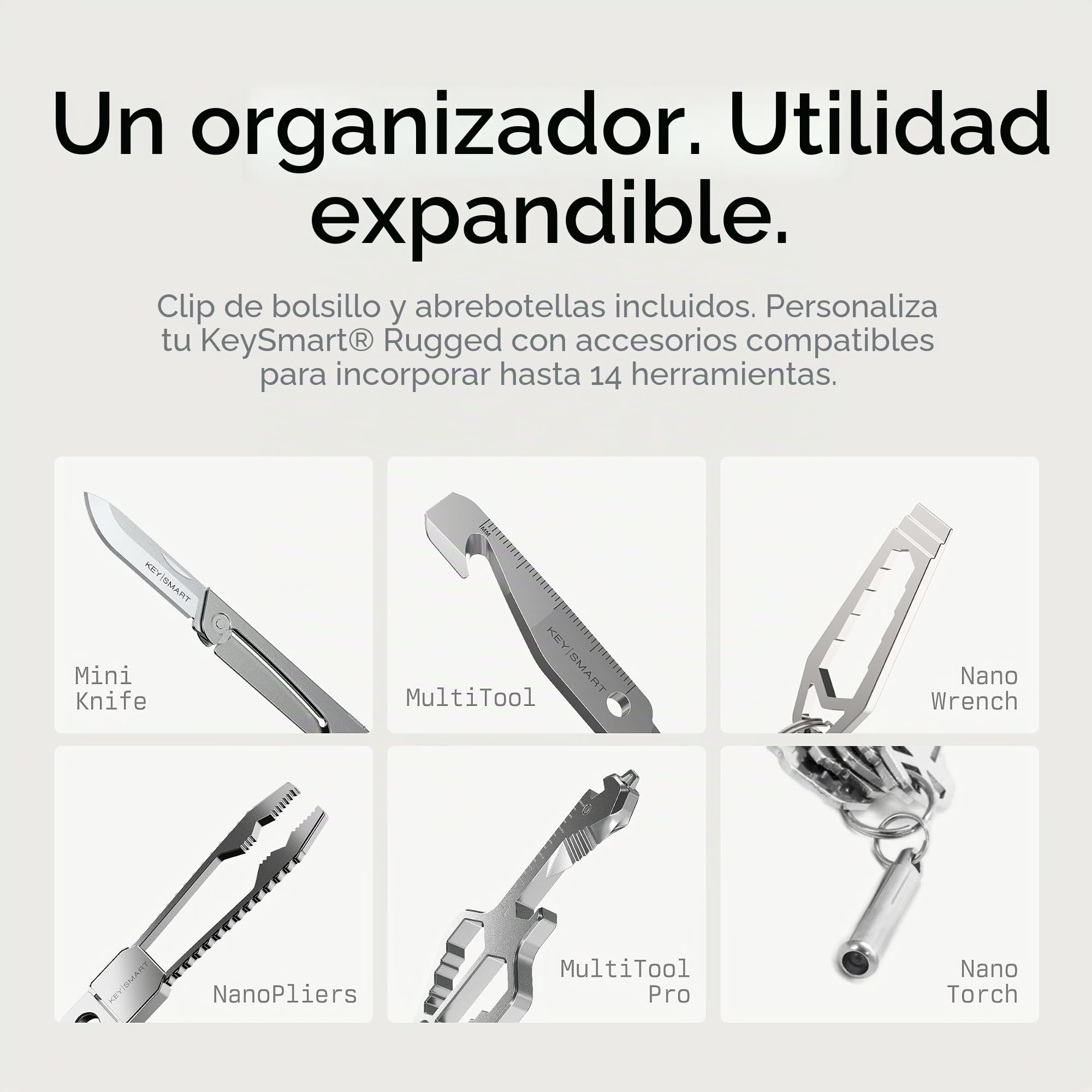 KeySmart Rugged - Llavero multiherramienta con abridor y clip de bolsillo (hasta 14 llaves)