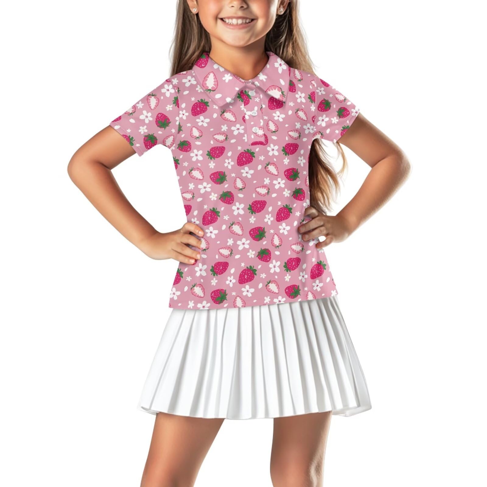Gzzxiailg Strawberry Girls Golf Shirts Moisture Wicking Polo Shirts Performance Sport School Uniform Quick Dry Workout Golf Tennis T-Shirts Uniform Polo Shirts