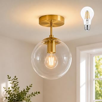 Bagood 8 Inch Gold Semi Flush Mount Ceiling Light Fixture Clear Glass Globe Ceiling Light Fixture Modern Hallway Light Fixtures Mid Century Ceiling Light Brass Finish for Entryway Bedroom Bulb Incl.