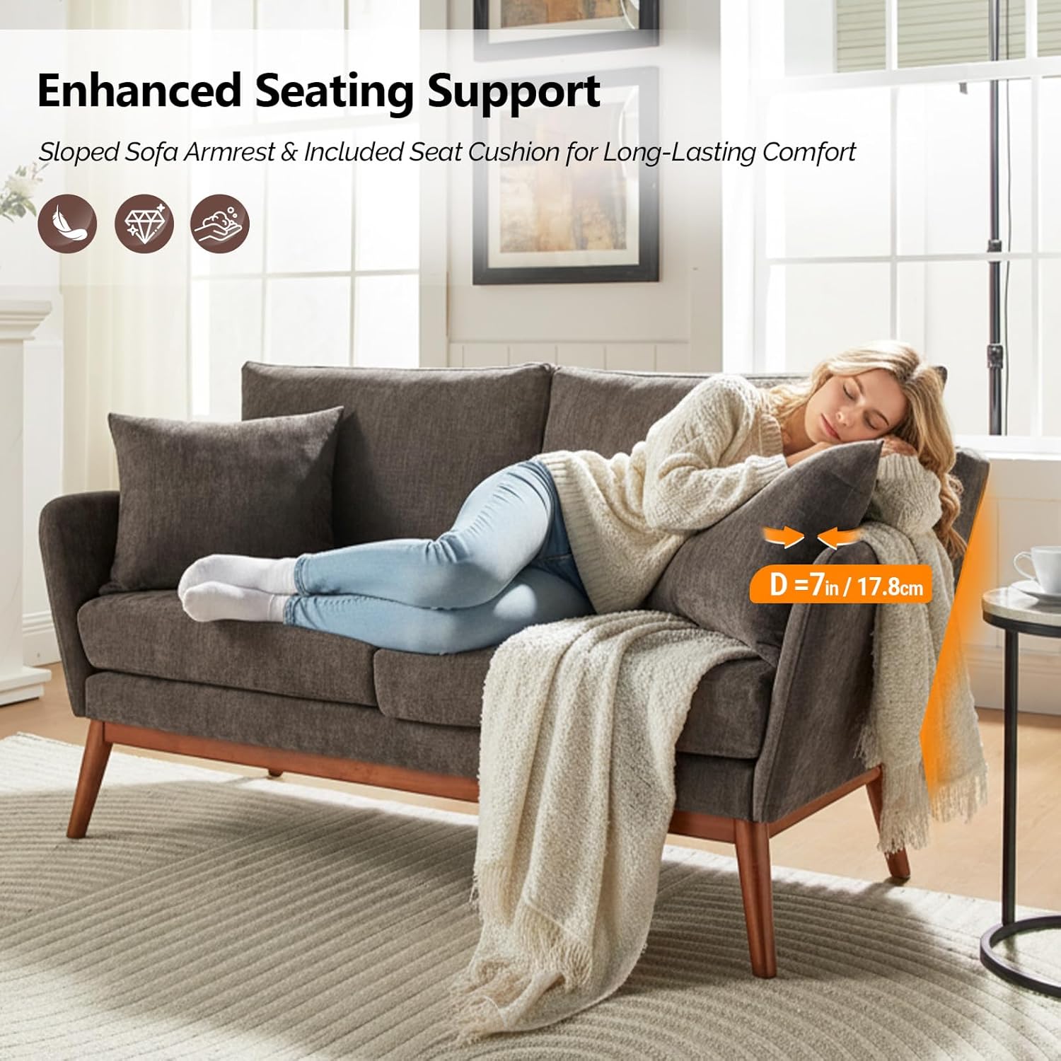 VINGLI 63.5" W Mid Century Small Love Seat Couch with Soild Wood Frame, 2 Seater Comfy Linen Fabric Loveseat Sofa, Small Couch with Two Pillows for Bedroom, Living Room, Small Spaces, Brown