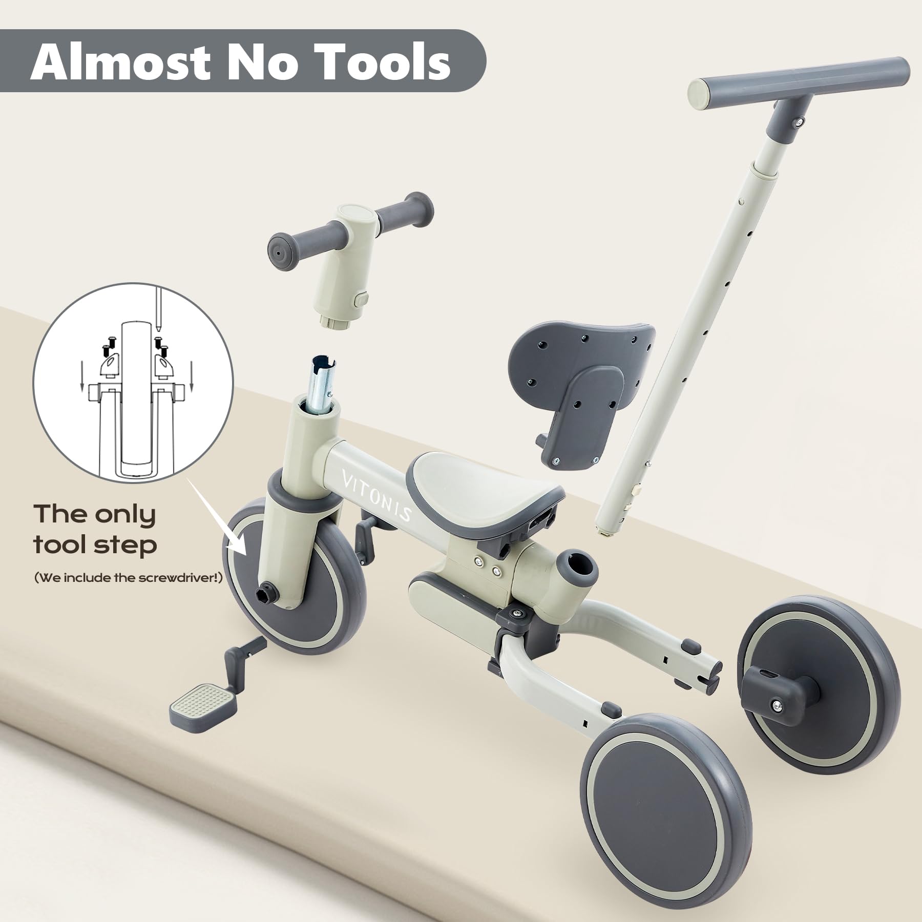 VITONIS bicicletta senza pedali da 1 anno, triciclo 5 in 1 con barra di spinta per bambini, girello per bambini da 1 a 4 anni Regali e giocattoli (verde)