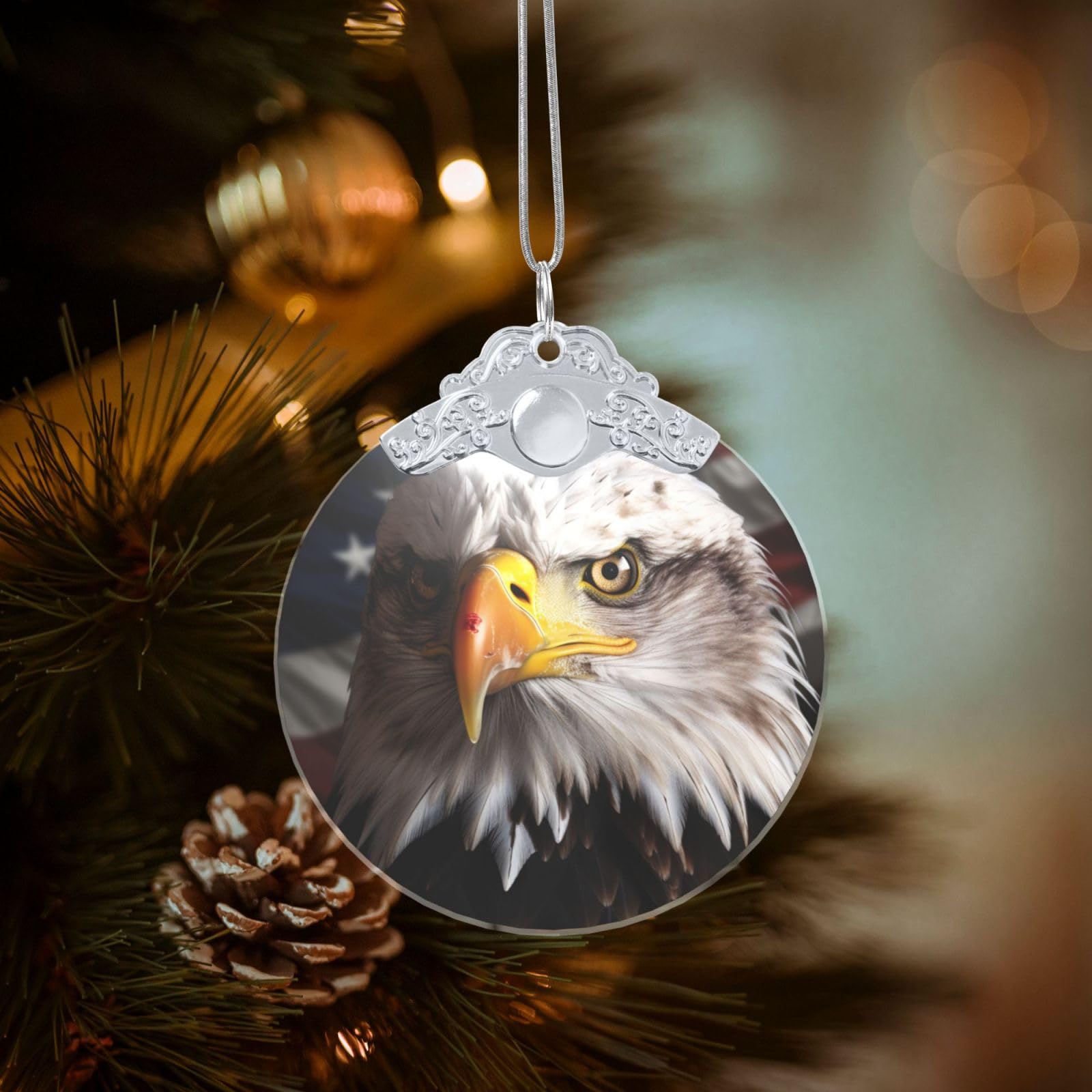 Crystal Christmas Ornaments for Christmas Tree Decoration Hanging America Flag and Eagle Ornament with Gold Ribbon Crafts Round Pendant for Keepsake Gifts Glass Xmas Decor Party Supplies