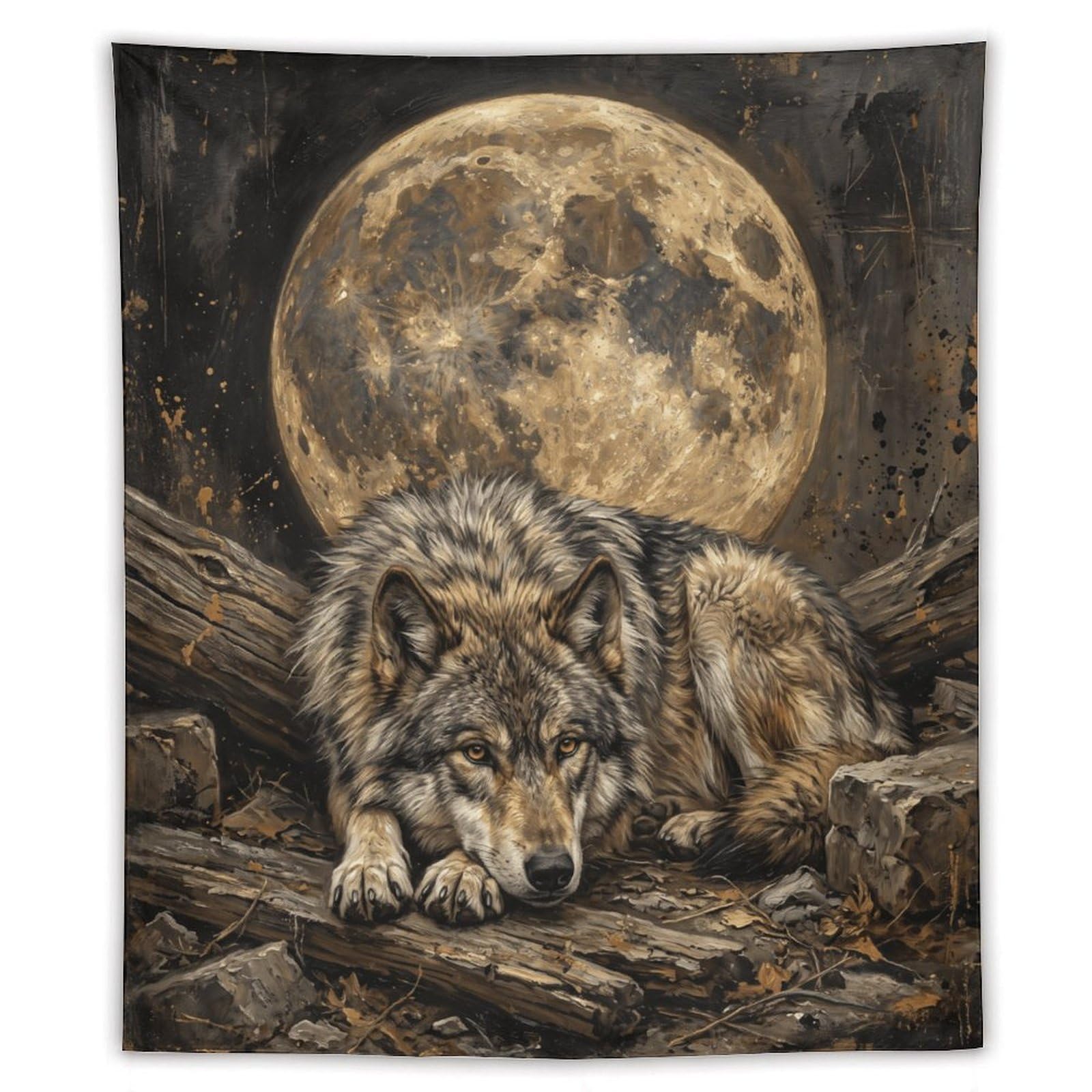 W7C8U2X3 Wolf Moon Woodland Wall Tapestry, Realistic Illustration Style