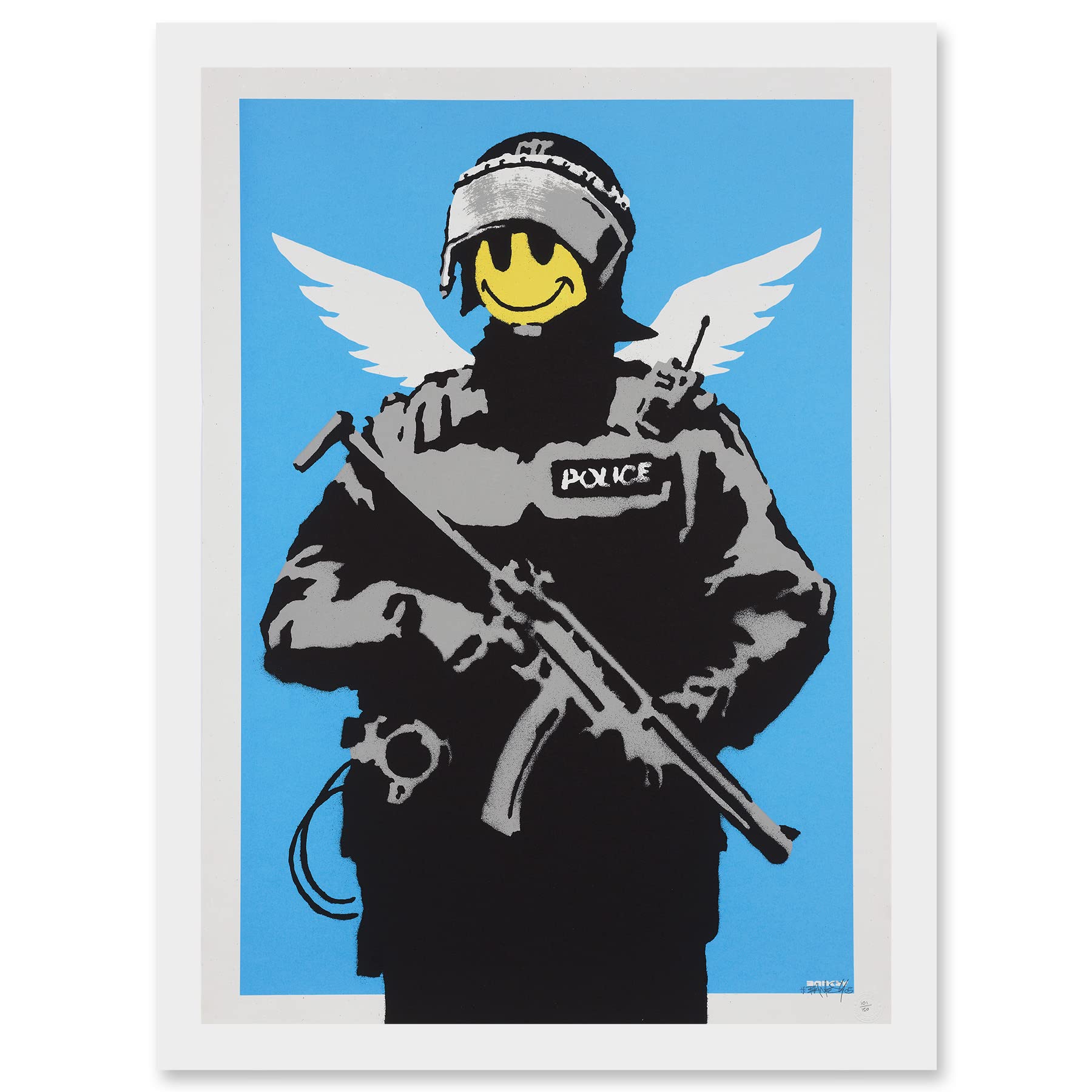 Artery8 Banksy Happy Angel Policeman Graffiti Street Mural Artwork Framed Wall Art Print A4