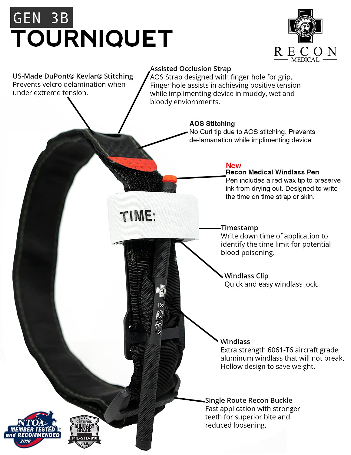 Recon Medical Tourniquet (Black) Gen 3 MilSpec Kevlar Metal Windlass