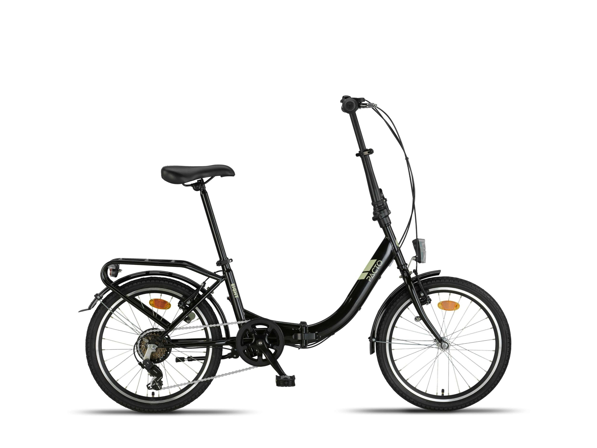 PACTO EIGHT Folding Bike, unfolded, showing its full profile with handlebars, seat, wheels, and luggage rack.