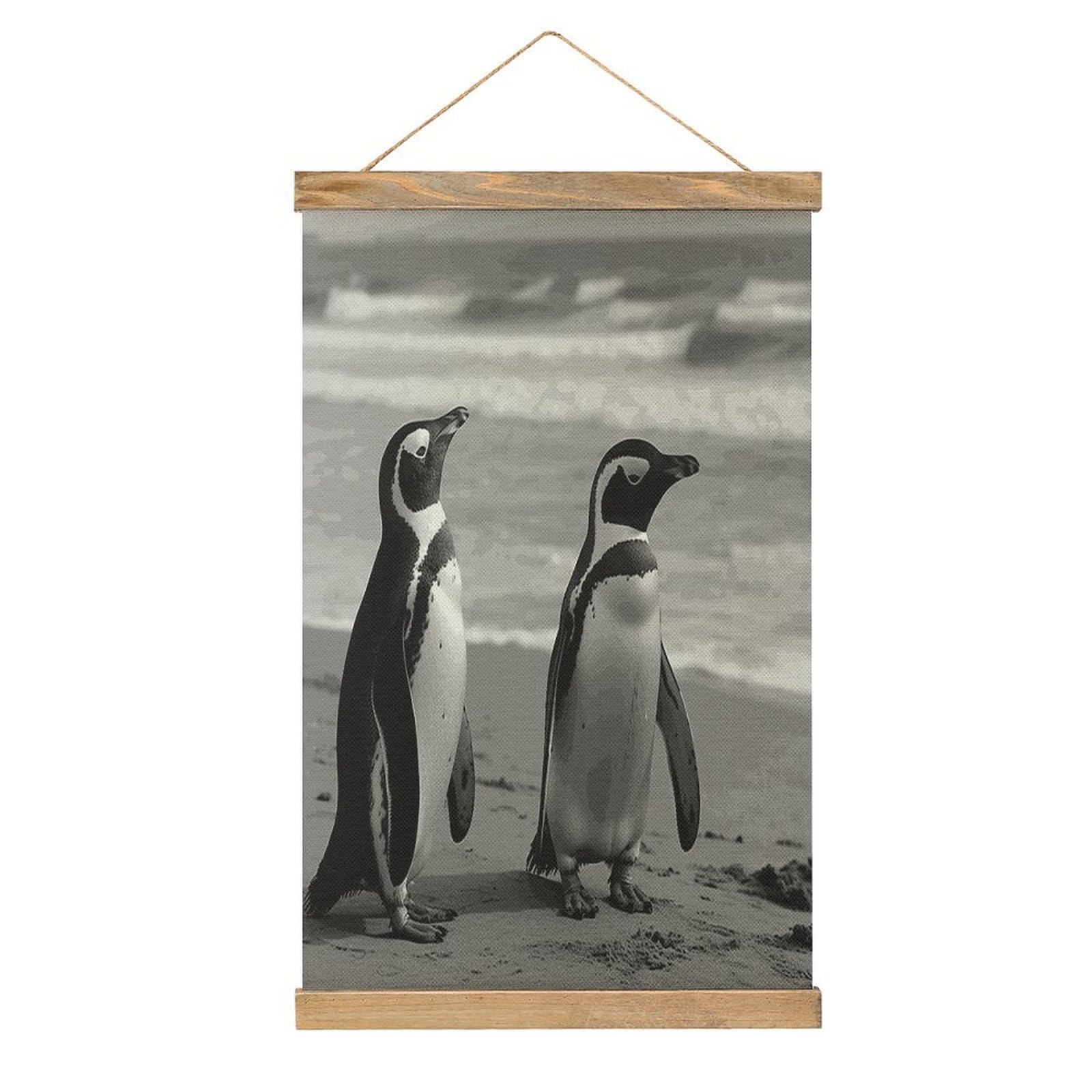 JTREHY Penguin Standing on The Beach Linen Hanging Painting Vintage Poster Wall Art Prints Personality Style Wall Hanging Poster for Living Room Office Bedroom Decor Frame 13.2 X 20.47 Inch