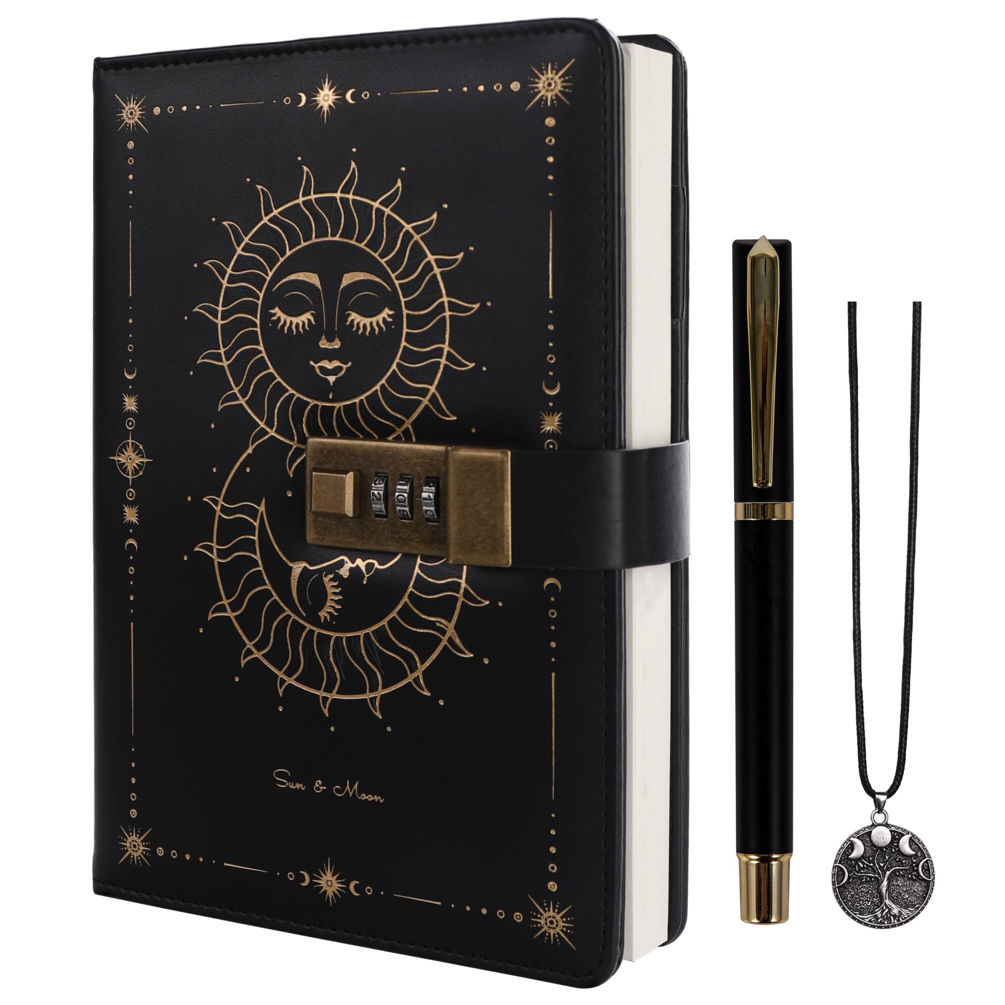 TIEFOSSI Diary with Lock, Sun & Moon Journal with Lock for Women Men, A5 Refillable Notebook for Writing, 224 Numbered Pages