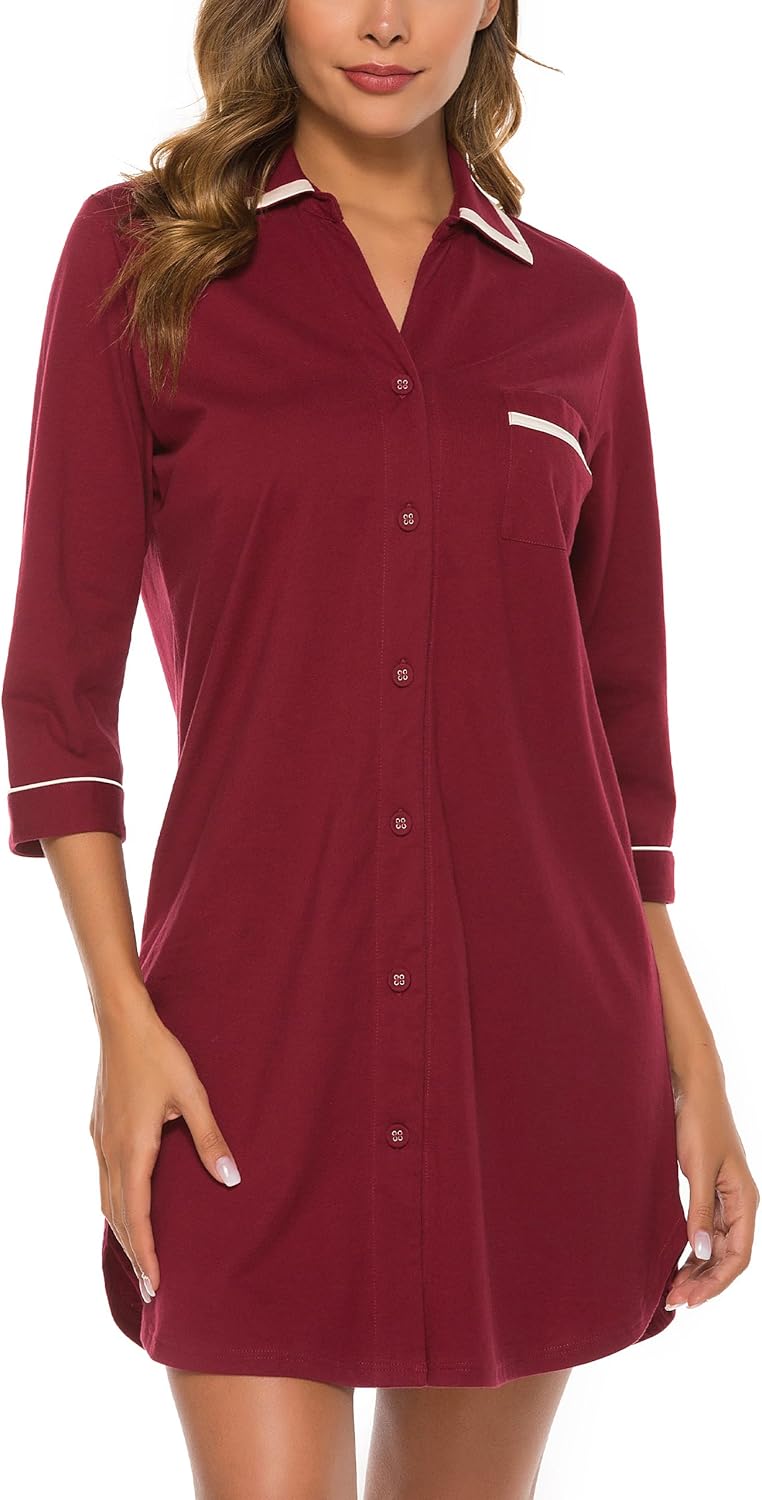 100% Cotton Nightgowns for Women 3/4 Sleeve Button Down Nightshirts Soft V-Neck Kne...