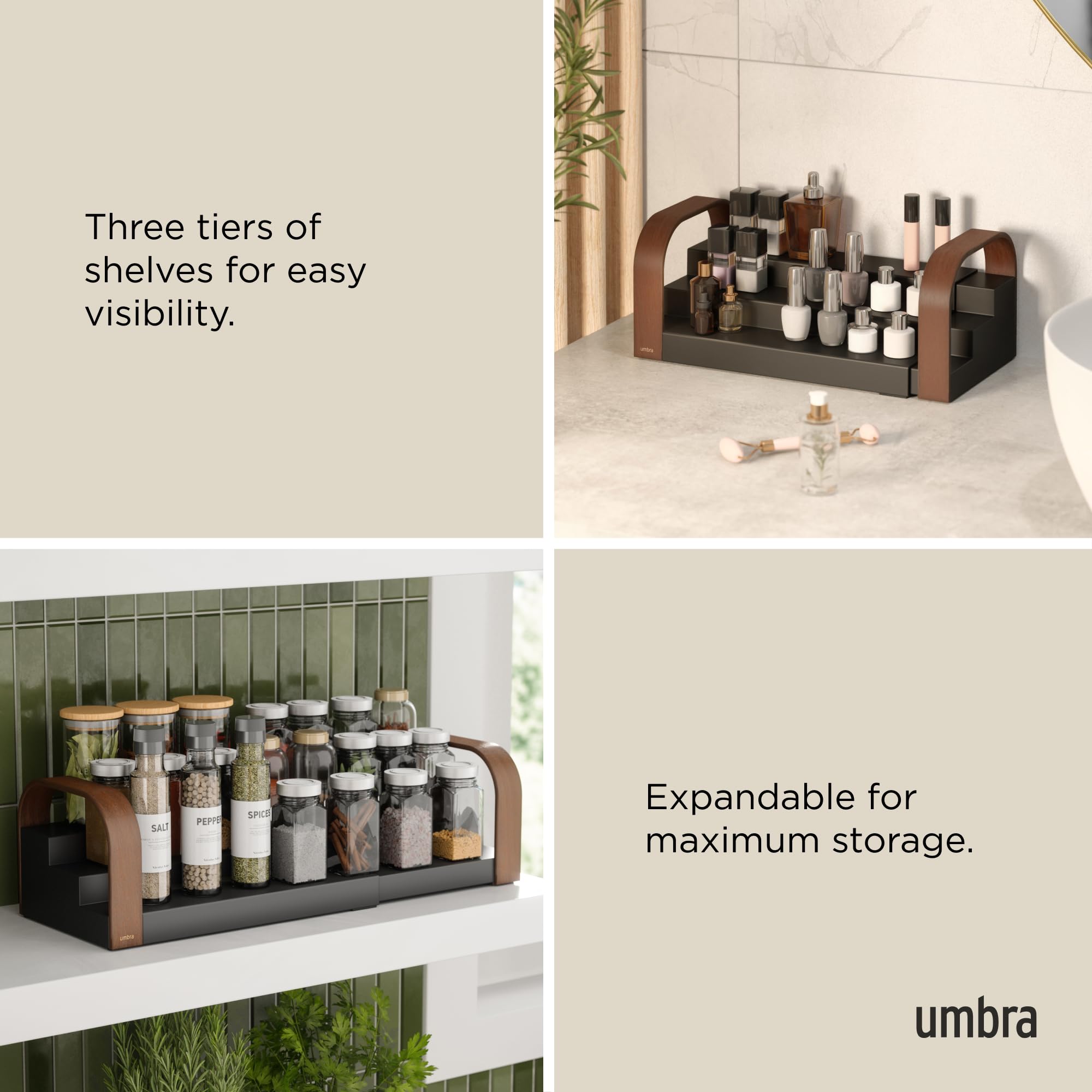 Umbra Bellwood Three-Tier Spice Shelf, Expandable Design Made of Durable Plastic and Wood, Black/Walnut, 12-24 inches (30-61 cm) - Image 4