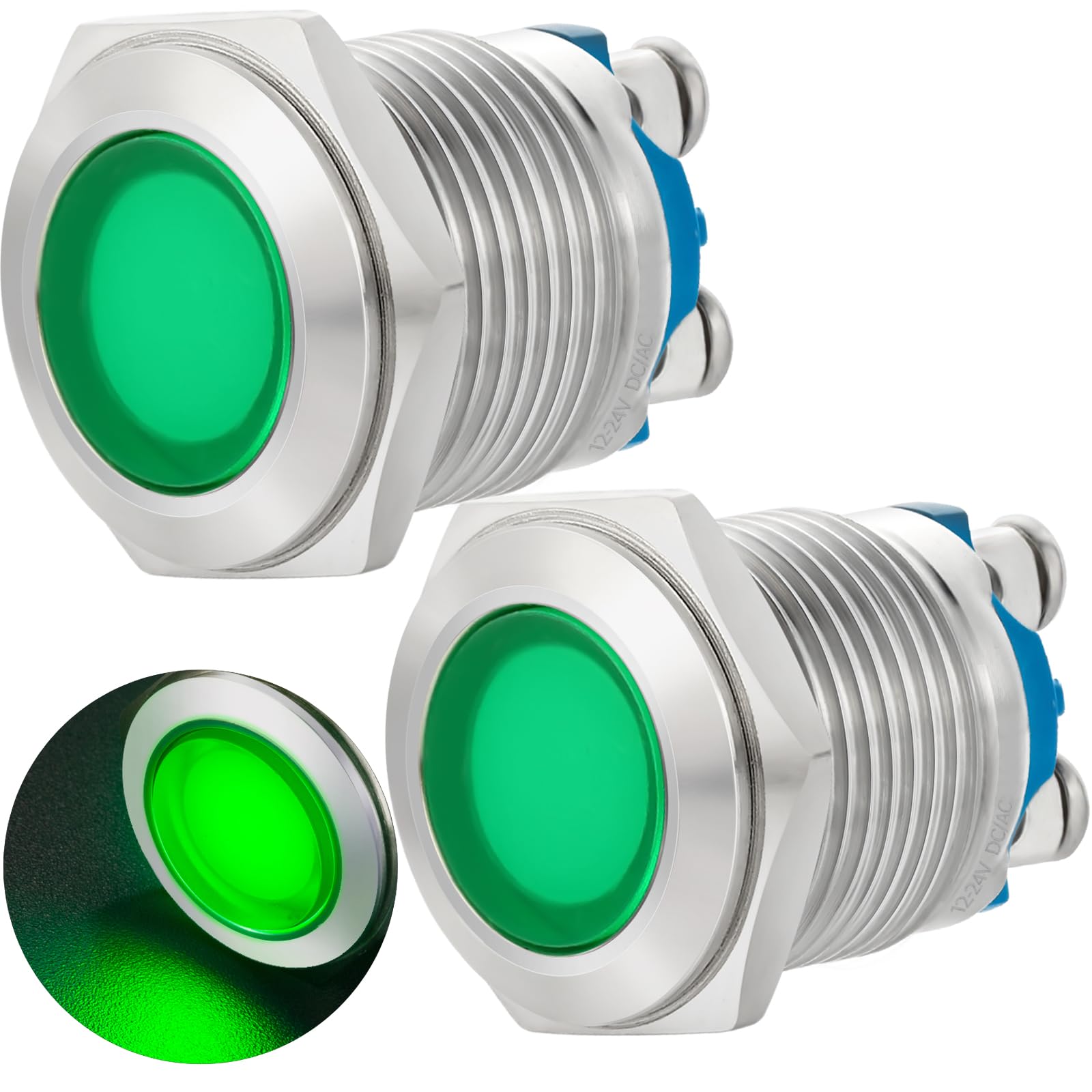 (2 Pcs) Signal Light 16mm 5/8" Indicator Light LED 12V/24V DC/AC Pilot Lamp Waterproof IP67 Metal Stainless Steel 304 Screw Pin