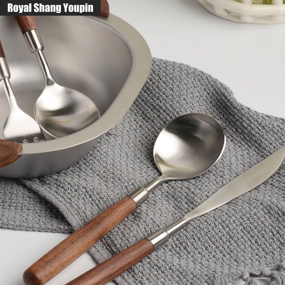 Manico in Noce Massello Cucina Acciaio Inossidabile Posate Stoviglie Posate Coltelli Forchette Cucchiai Set, Coltello Da Bistecca E Forchetta Per Hotel (Punta Cucchiaio 12 pezzi)