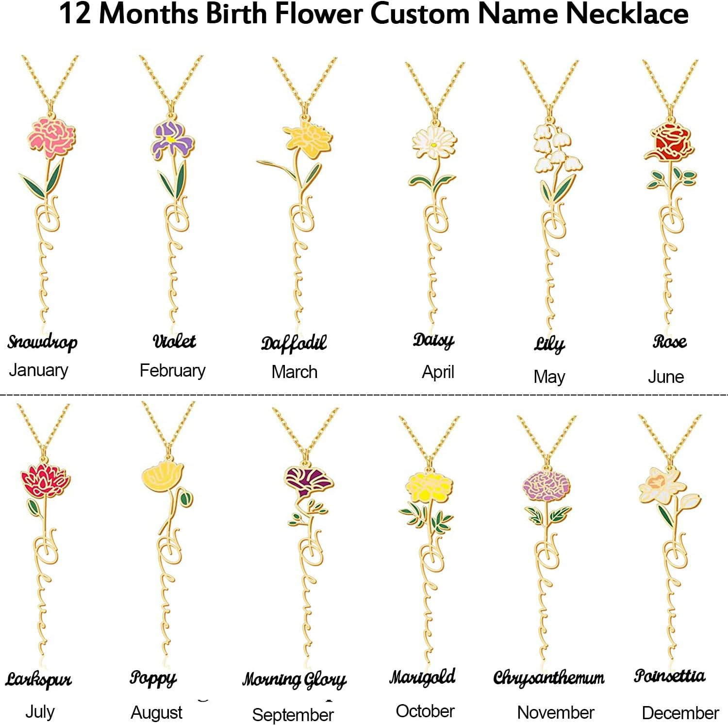 Birth Flower Necklace Custom Name Necklace Personalized Birth Month Dainty Flower Necklace in 18K Gold Plated Engrave Birth Flower Name Necklace for Women Her Mom Sisters
