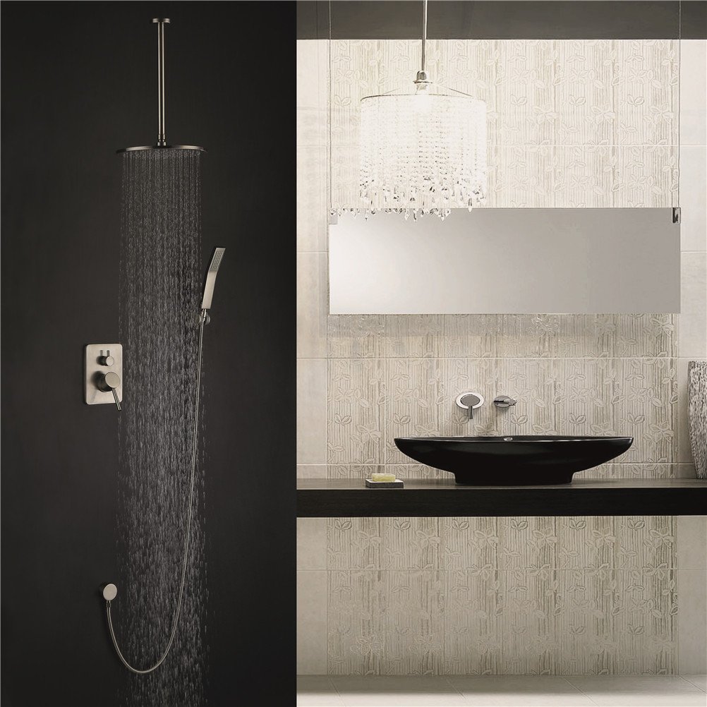 NGDFGR Antique Shower Waterfall Brushed Nickel Shower Faucet Set Ceiling Mounted 10 In Top Spray Ceramic Valve Bathroom Shower Faucet, A,F
