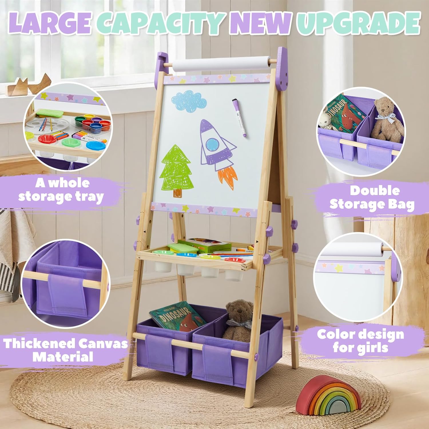 3-in-1 Kids Art Easel Set, Height Adjustable Magnetic Whiteboard & Chalkboard with Painting Paper Roll, Wooden Dual-Sided Art Station for Toddlers & Children Ages 3-8 (Art Supplies Included)