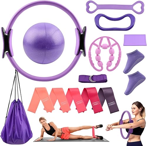 Miniatura 10 de Kit esencial de pilates para mujer, equipo de entrenamiento en casa de 14 piezas con anillo de bola circular de pilates, bandas de resistencia y