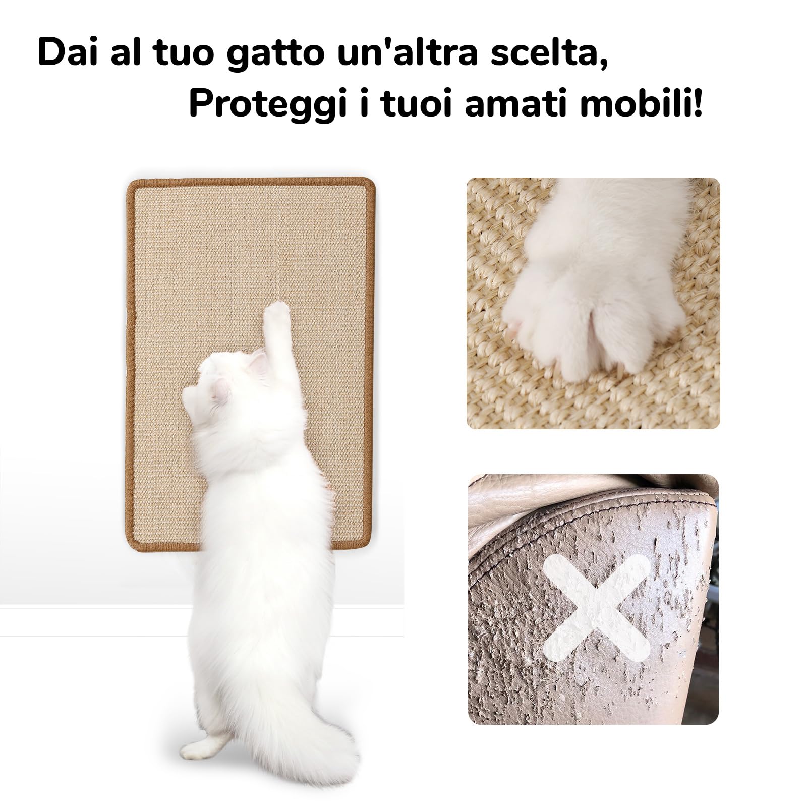 FUKUMARU Tappetino Tiragraffi Per Gatti, 60 x 40 cm, In Sisal Naturale, Tappetino Tiragraffi Orizzontale,Interni, Protegge Divano e Tappeti, Multi-scena, Per Parete e Angolo