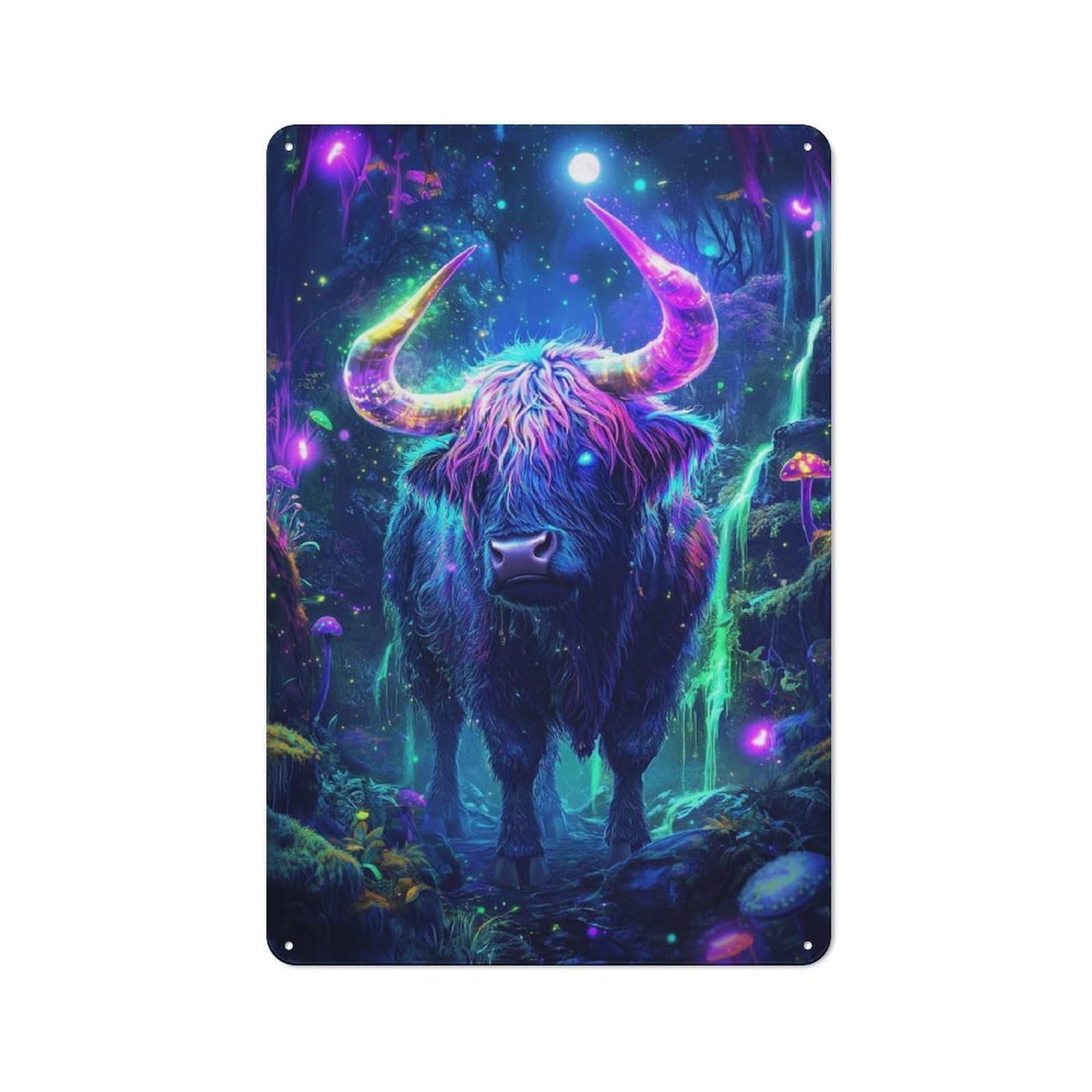 Junmoney Neon Highland Cow In Forest Metal Sign 30X20cm With For Workshop Wall, Retro Decor, For Garage, Workshop And Man Cave Decoration