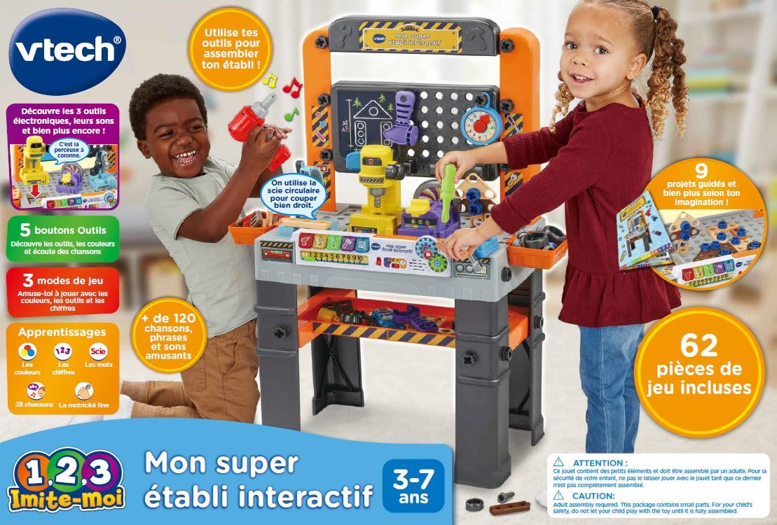 VTech - Mon Super Établi Interactif, Bricolage Enfant, Jeux Éducatifs, Jeu de Construction Autonome, 96 Pièces et Accessoires de Jeu, Cadeau Garçon et Fille de 3 Ans à 7 Ans - Contenu en Français