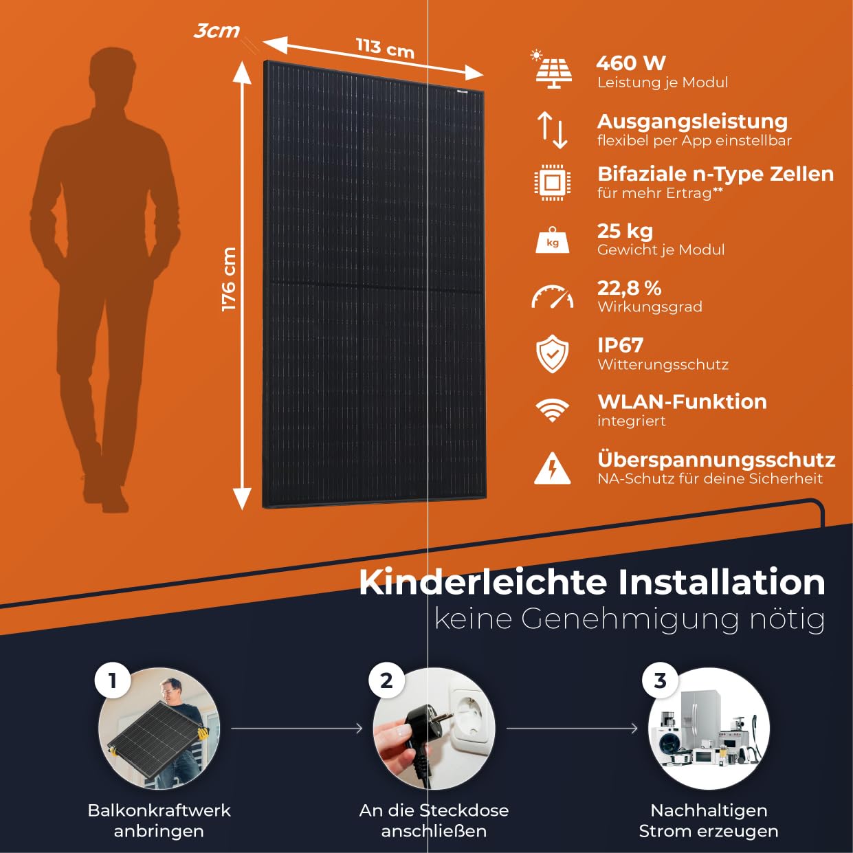 Solarway® 920W Balkonkraftwerk 800W komplett Steckdose - neuester 800 Watt Wechselrichter - Solaranlage Komplettset - 460W bifaziale Solarmodule & Envertech & Zubehör