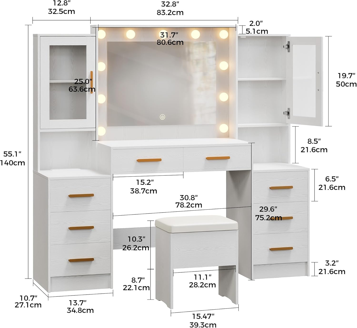58.4" Large Makeup Vanity with Mirror, Vanity Set with Stool Lights 8 Drawers 2 Glass-Door Cabinets Power Outlet Phone Groove Vanity with Chair Makeup Vanity Desk for Bedroom Dressing Room, White
