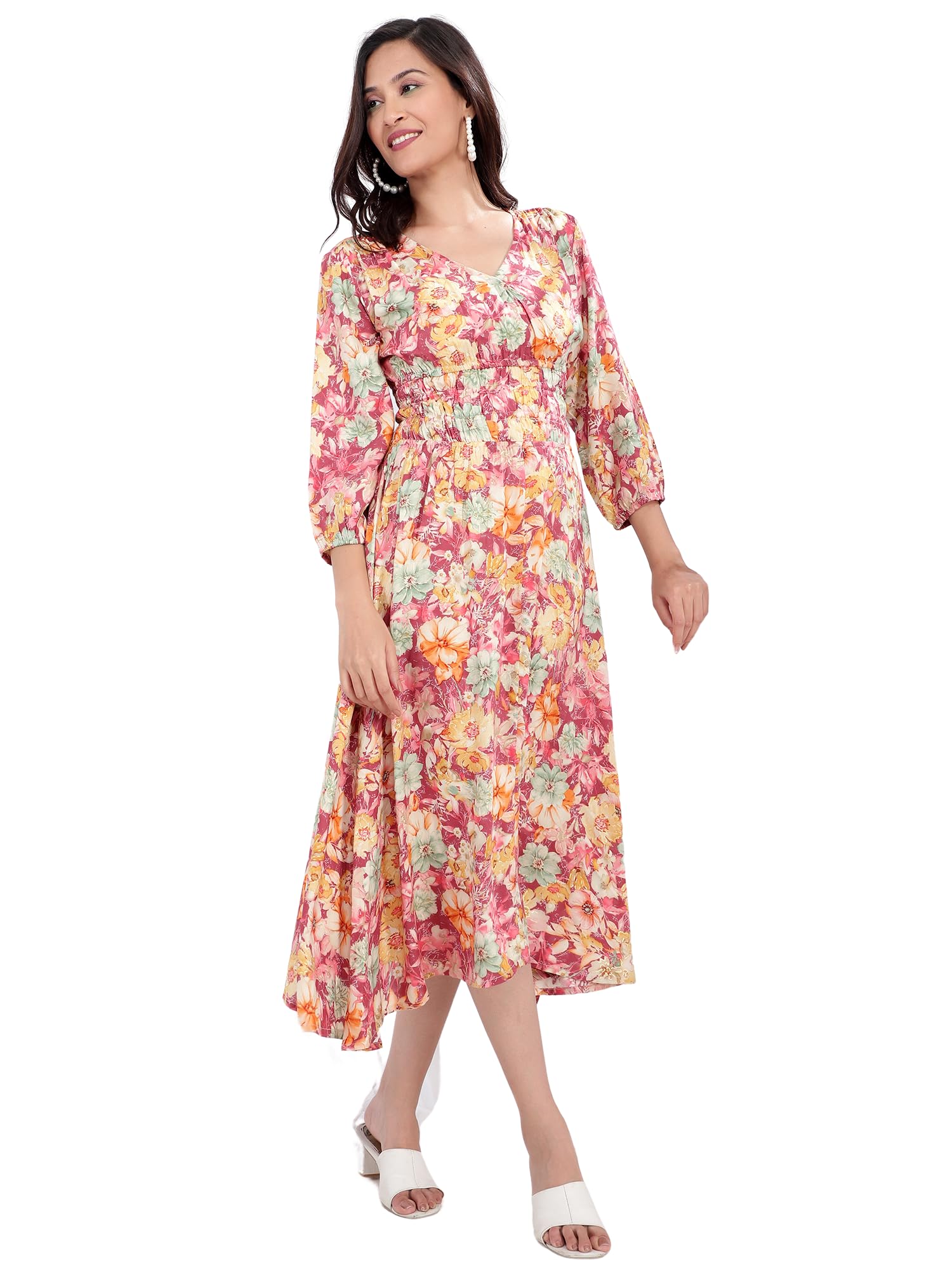 Printed 3/4th Sleeves Cotton Midi Dress for Women, Stylish V Neck Floral Printed Long Kurti, Regular Casual Wear for Womens, Kurtis for Office/Party/College-image-35