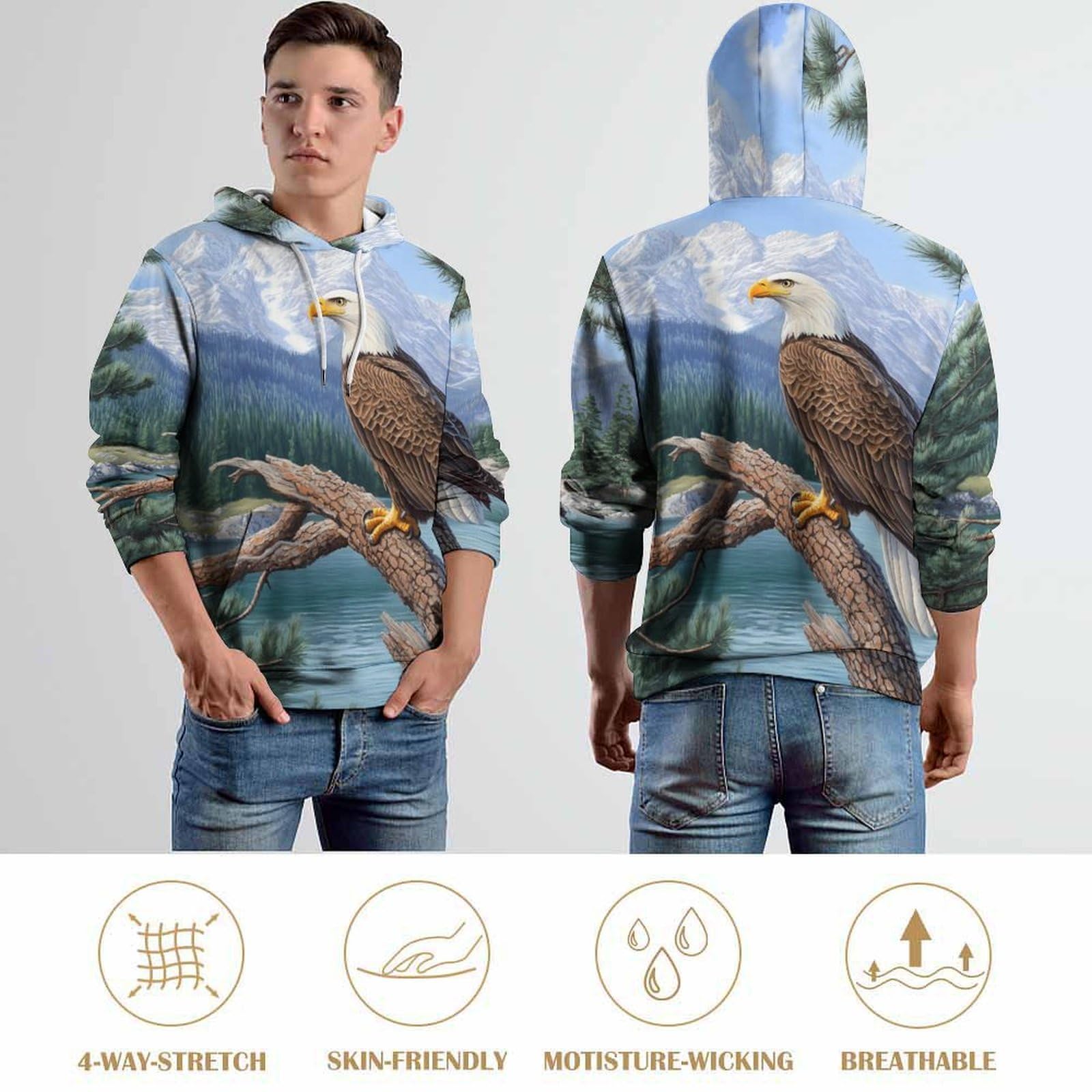 Ea-gles - Felpa con cappuccio alla moda con scritta appollaiata sul ramo, per uomo e donna, a maniche lunghe, con grafica colorata