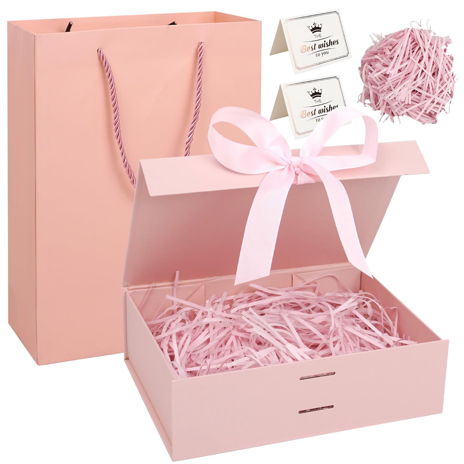 Realjoy Pink Gift Box, Magnetic Gift Boxes with Lids Ribbon Shredded Paper Greeting Card, 23 x 17 x 7cm Gift Boxes for Presents Birthday Wedding Valentines Anniversaries