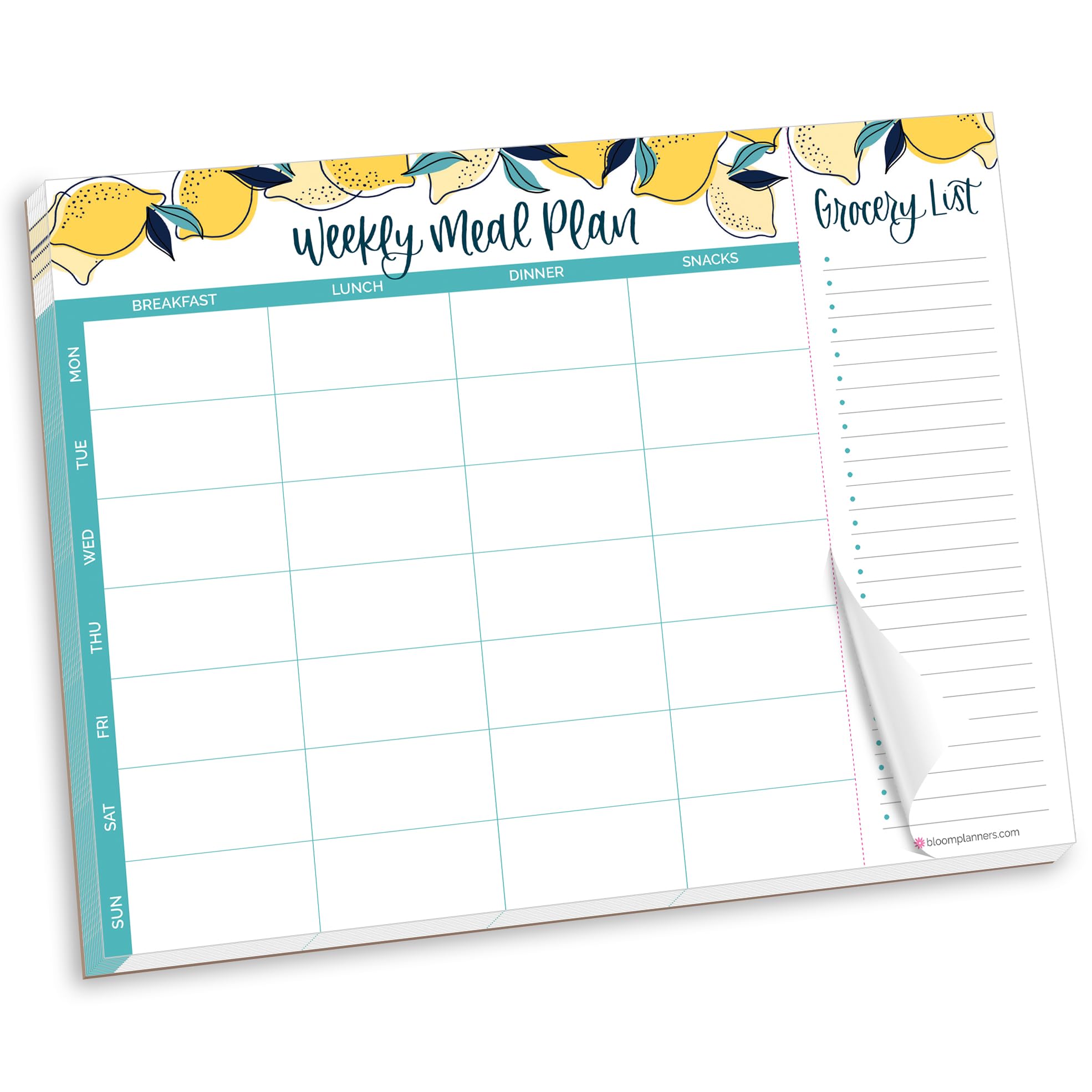 bloom daily planners Horizontal Weekly Magnetic Meal Planning Pad for Fridge with Tear-Off Grocery Shopping List - Hanging Food/Menu Organizer Notepad with Magnets - 8.5” x 11” - Lemons