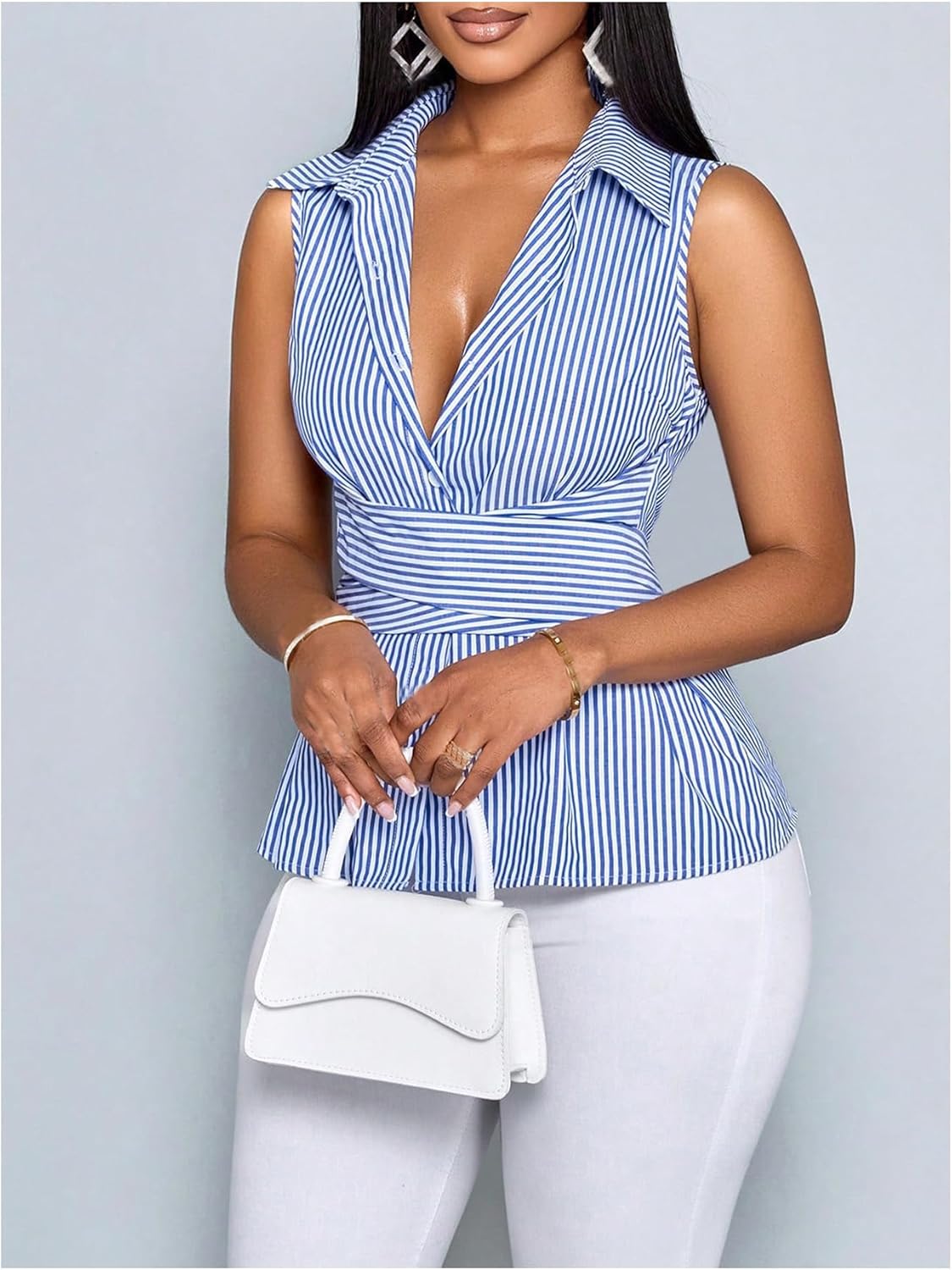 SOLY HUX Women's Striped Button Down Shirts Collared Sleeveless Bow Tie Peplum Casual Work Blouse Tops - Image 3