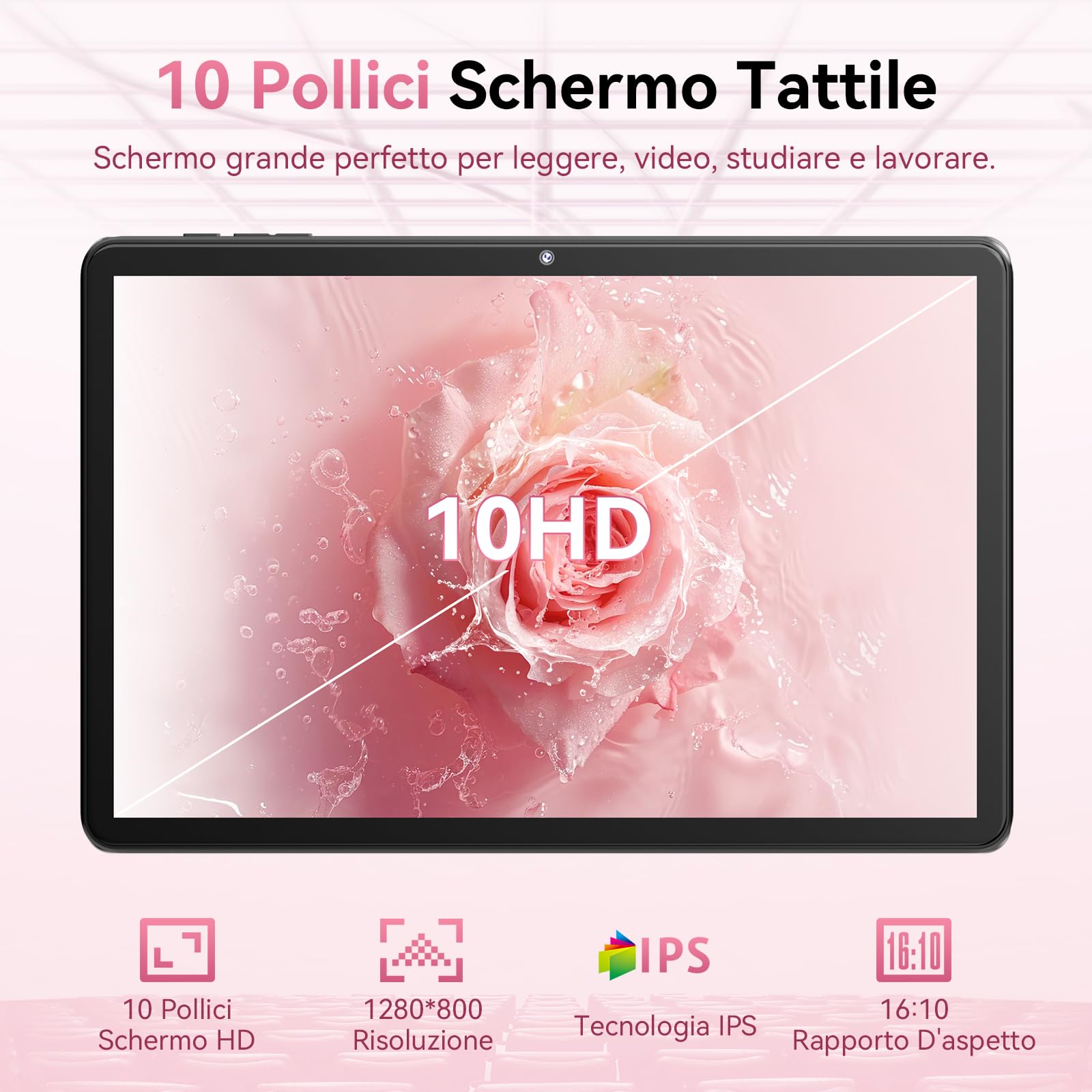 Tablet 10 Pollici, Tablet Android 16, Unisoc T606 CPU, 26 GB RAM + 128 GB ROM + 1 TB TF, Display HD IPS 1280x800, Batteria 7000 mAh, Fotocamera Doppia, WiFi 6, BT 5.0, Widevine L1, GPS (Grigio)
