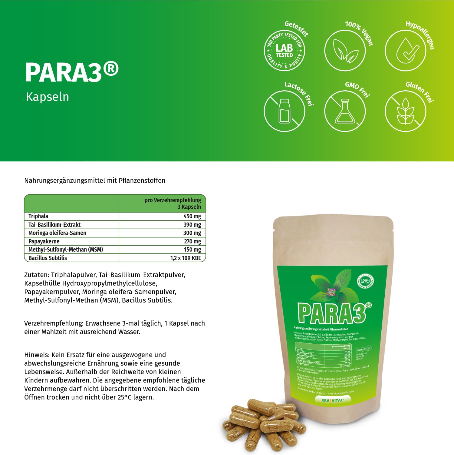 PARA3 90 Kapseln Pflanzlicher Bitterstoff-Kur Papaya-Kernen Moringa Samen Tai-Basilikum MSM Bacillus Subtilis vegan