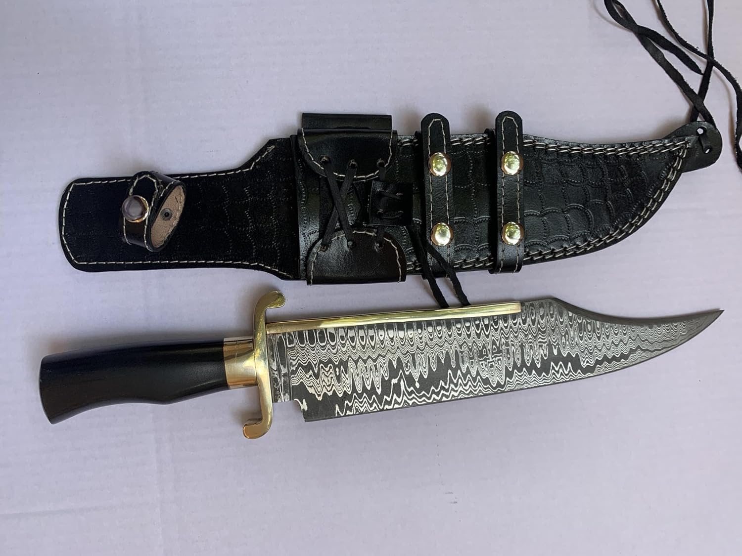 16" custom handmade Damascus s steel Alamo Musso Bowie Knife Black micarta hanlde with Leather sheath