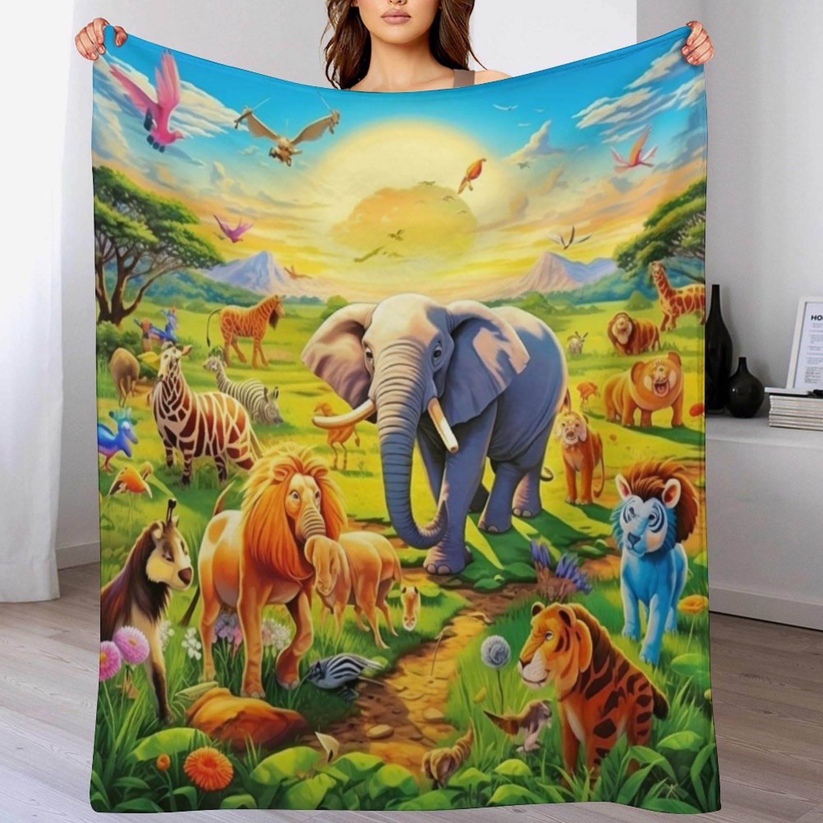 Couverture polaire animaux africains en peluche souple 150x200cm pour lit et canapé