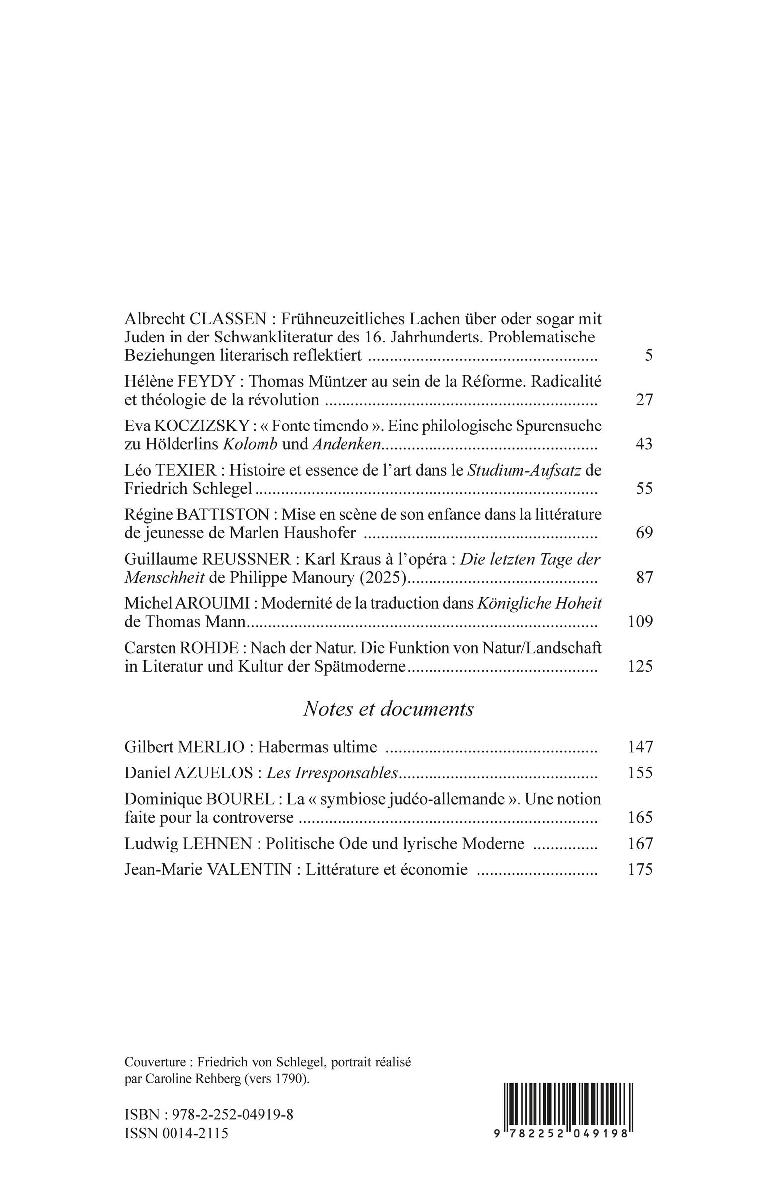 Études germaniques - N°1-2026: Frühneuzeitliches Lachen – Th. Müntzer – F. Hölderlin – F. Schlegel K. Kraus à l’opéra – M. Haushofer – Th. Mann Natur in der Literatur der Spätmoderne
