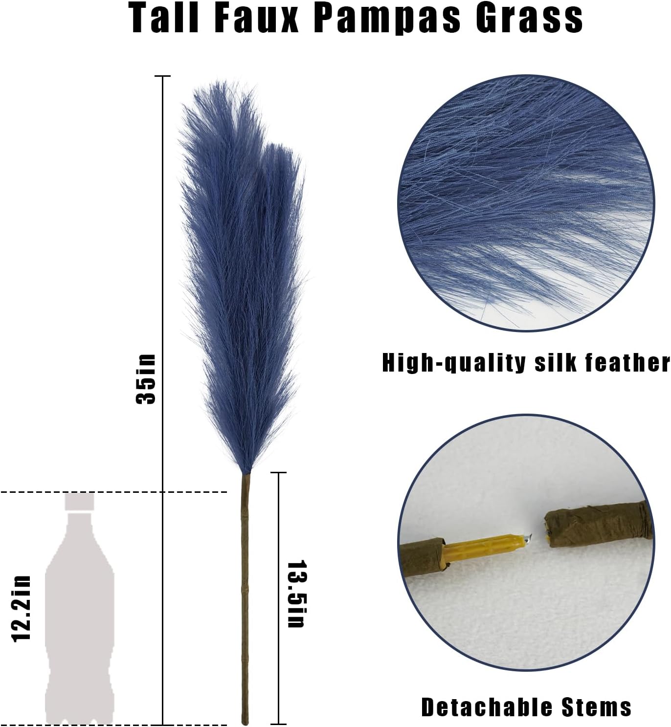obbsie 35" Faux Pampas Grass Decor, 8pcs Large Tall Fluffy Artificial Pompous Grass Branches Floral Fake Pompas Grass Bulrush Floor Vase Filler Flower Arrangement for Home Wedding Boho Decor - Blue