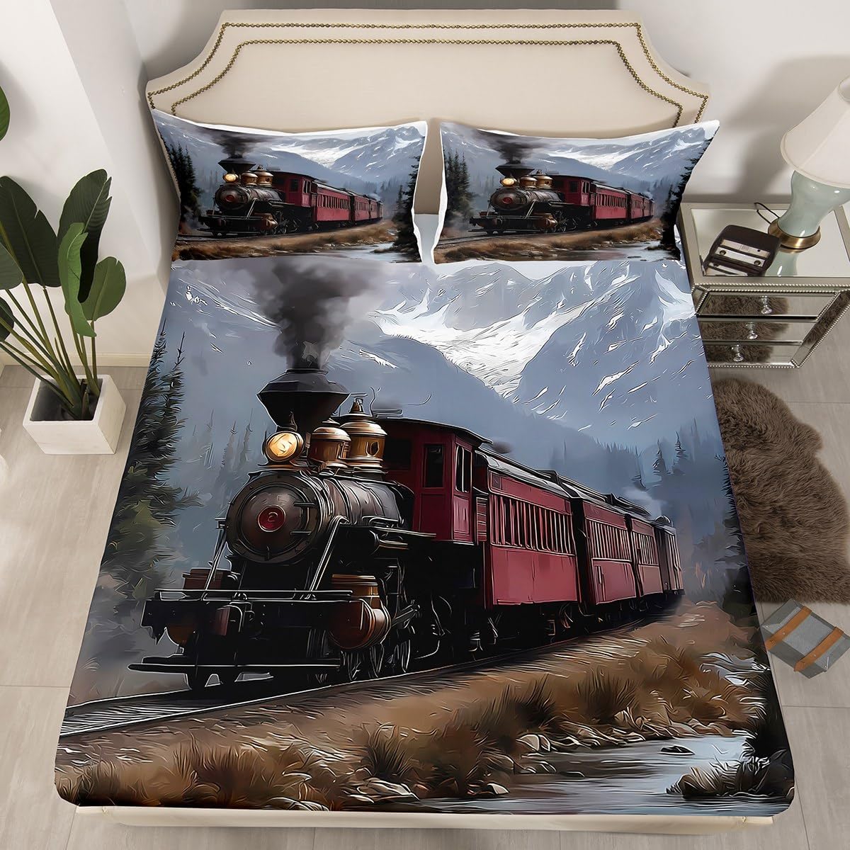 3D Steam Train Fitted Sheet Full Size,Rustic Transport Car Bed Sheets,Retro Steam Engine Sheets for Adults Women Men Room Decor,Travel Locomotive Bed Set,Red Black