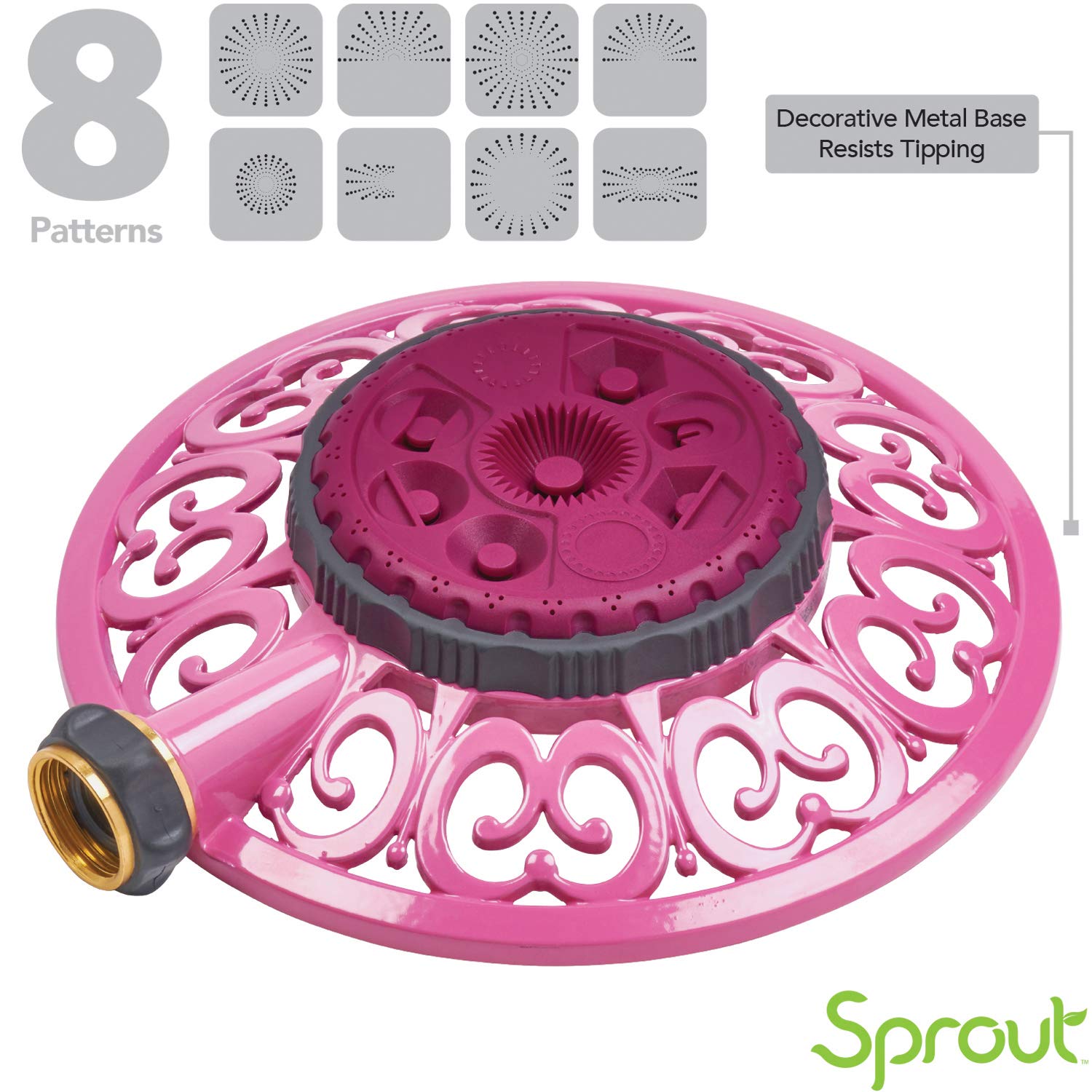 Sprout 65100-AMZ Melnor metalowy zraszacz 8 wzorów i adapter produktu QuickConnect pakiet Amazon, malinowy czerwony
