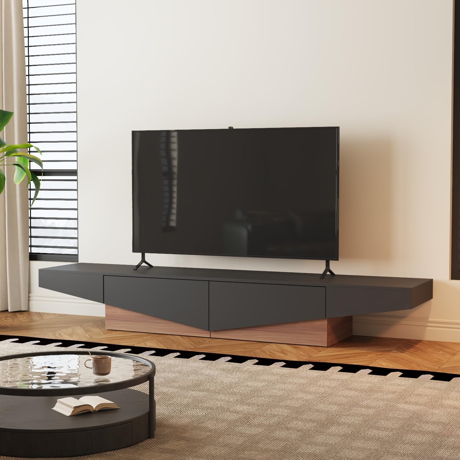 AIEGLE Modern TV Stand for 80+ Inch TVs, 78.7" W Entertainment Center with 2 Drawers & Decor Shape, Media Console Table TV Cabinet with Storage, Black